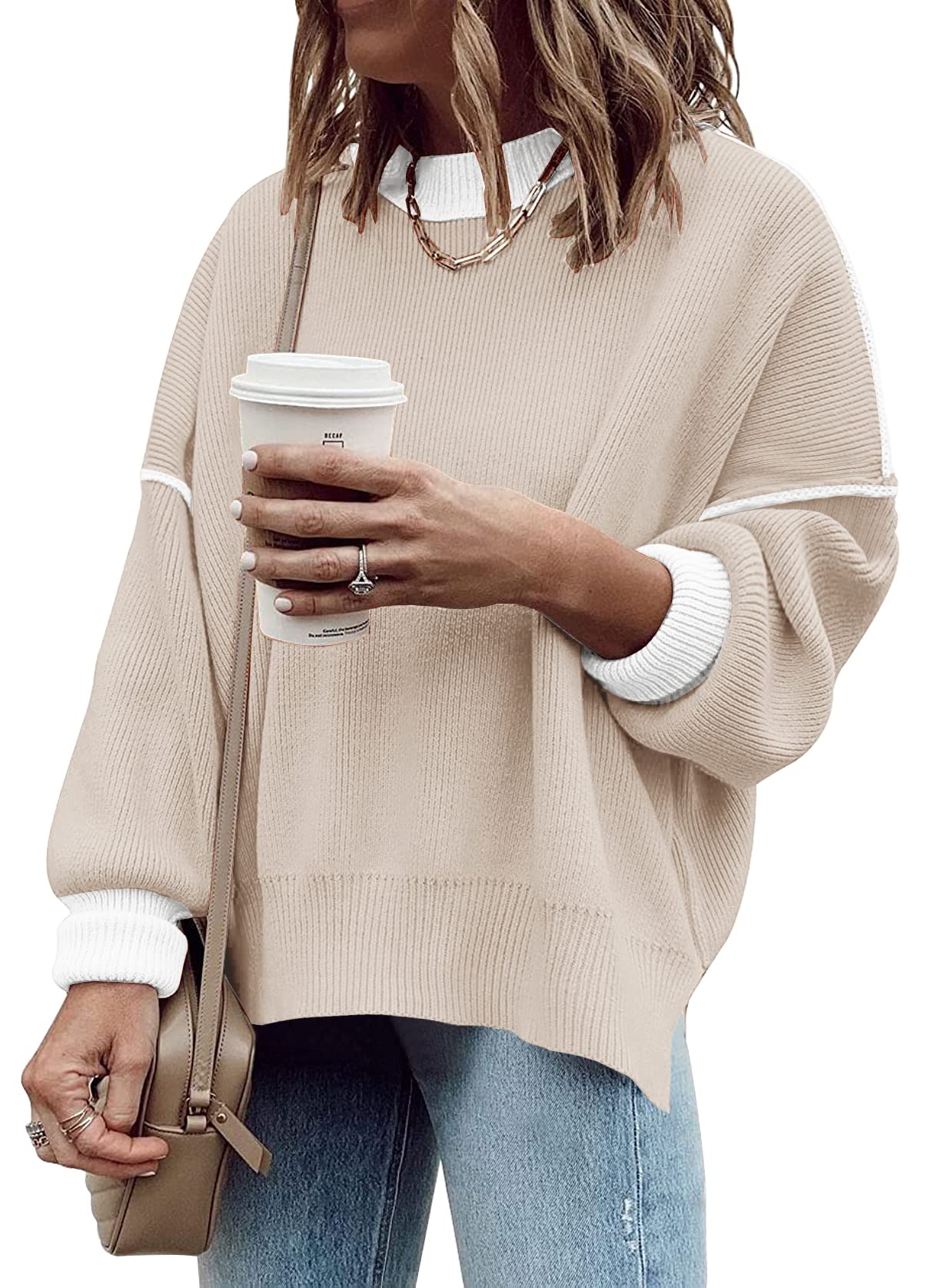 ETCYY Womens Oversized Sweaters Fall 2026 Fashion Clothes Trendy Batwing Sleeve Colorblock Striped Knit Pullover Tops,Apricot,Large