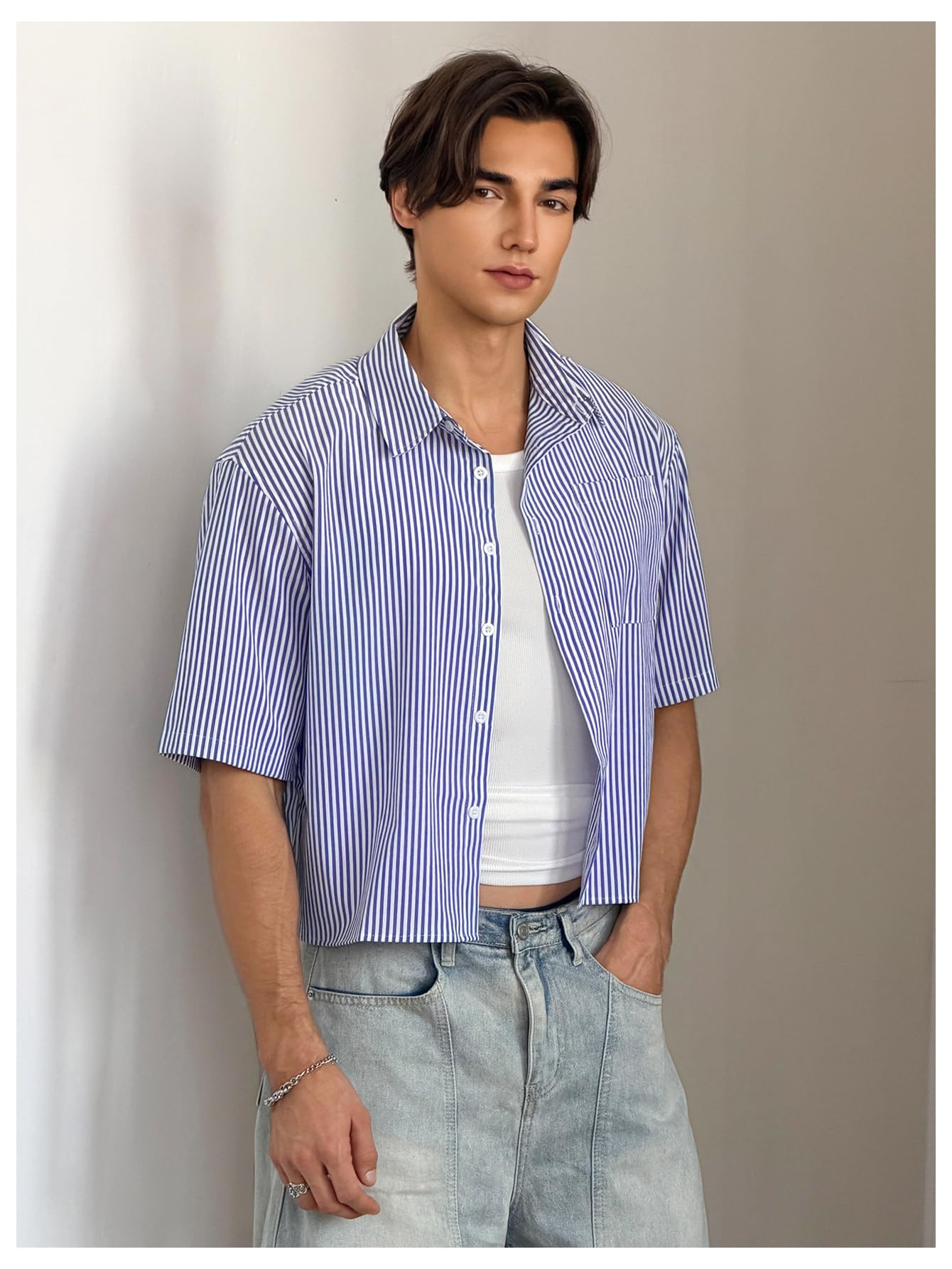 GORGLITTER Men's Striped Cropped T Shirt Button Down Up Y2k Short Sleeve Collar Oversized Tops Blue Small
