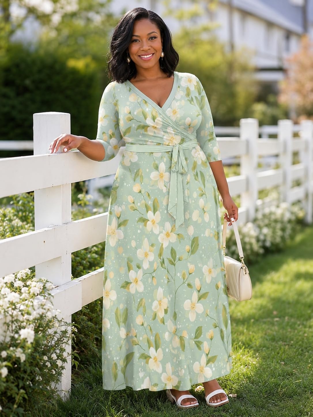 PinkPatty Plus Size Maxi Dress for Women Casual V Neck 3/4 Sleeve Boho Printed Long Dress with Pockets (Floral21 2XL)