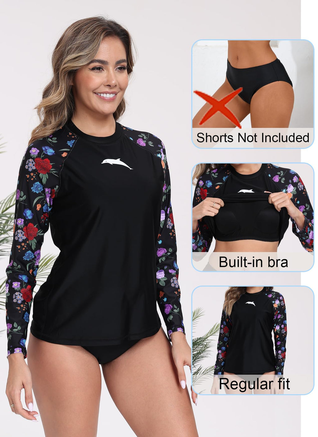 Halcurt Womens Long Sleeve Rash Guard Swim Shirts with Built in Bra UPF50+ Sun Protection Swimsuit Top Black Red Pink Floral M