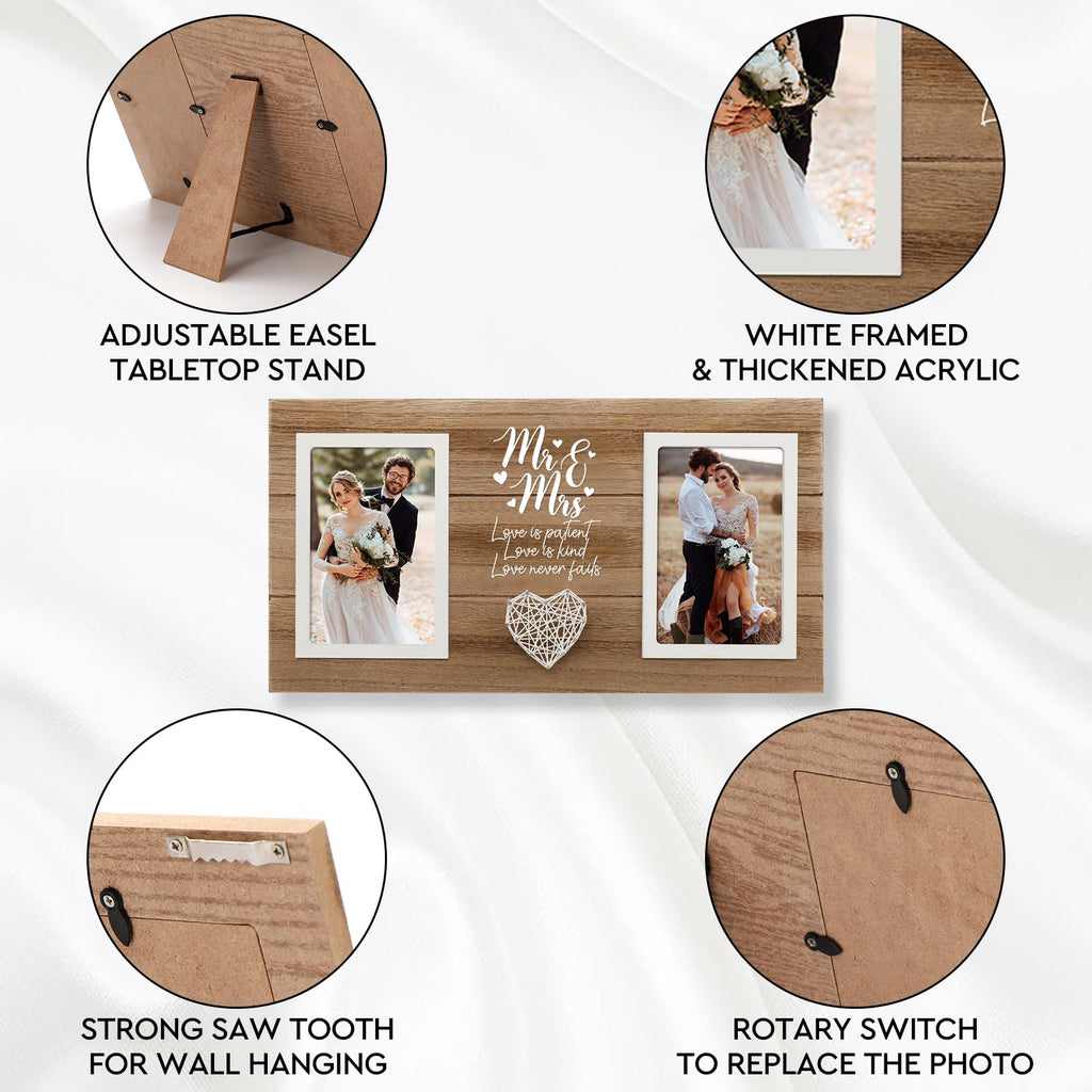 Calibron Personalized Wedding Gifts for Couples, Bridal Shower Gift for Bride, Mr & Mrs Photo Frame Holds 2pcs 4x6 Pictures, Unique Wedding Gifts for Newlyweds, Marriage Gift for Her/Him