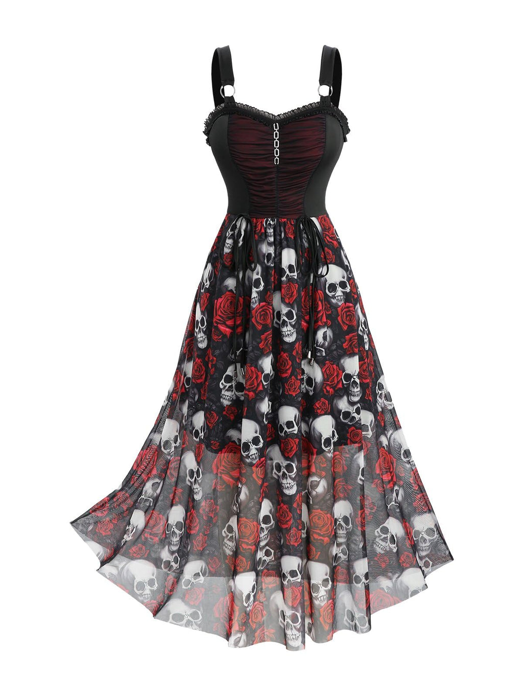 Rosegal Plus Size Gothic Dress for Women Halloween Costume Dress Skull Rose Print Mesh Maxi Tank Goth Swing Dresses Witchy Costume Vampire Dresses with Pockets(Red/L)