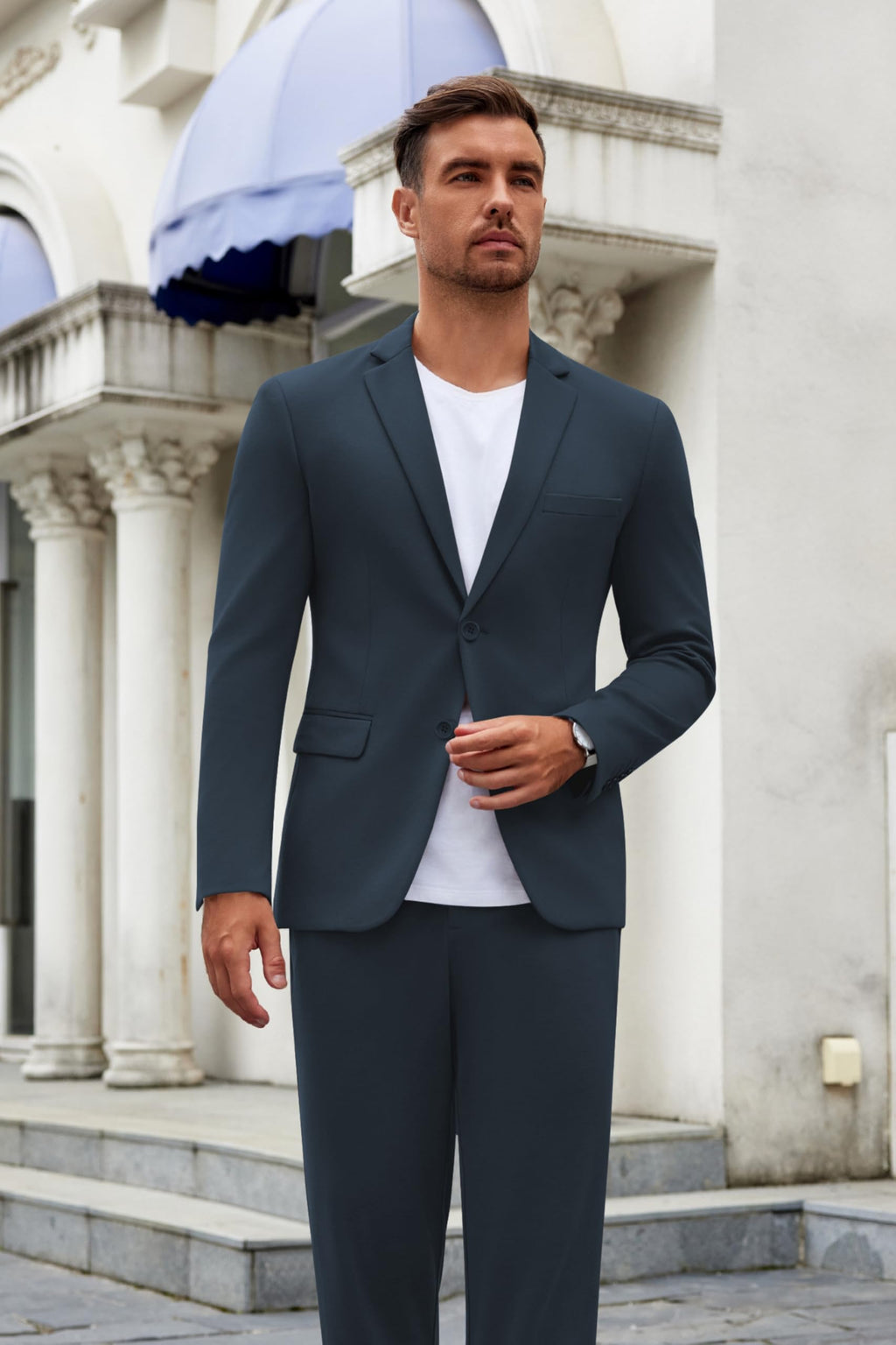 COOFANDY Men's Suits 2 Piece Slim Fit Suit Set 2 Button Lightweight Casual Knit Blazer Suit Jacket Pants Navy Blue
