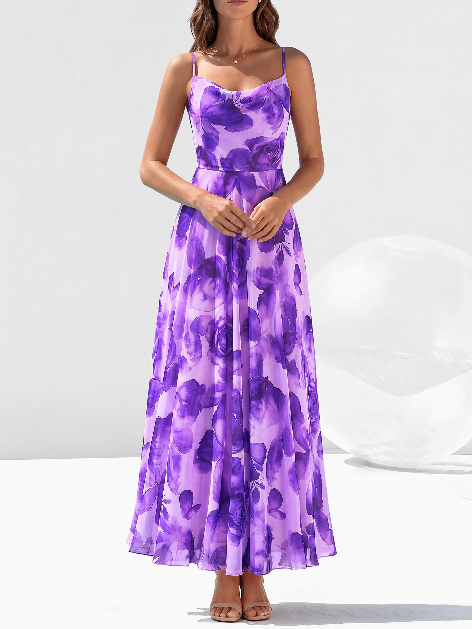 BTFBM Women Summer Floral Maxi Dresses Elegant Spaghetti Strap Dress Printed Party Dress Beach Long Dresses(Green Big Floral,X-Large)