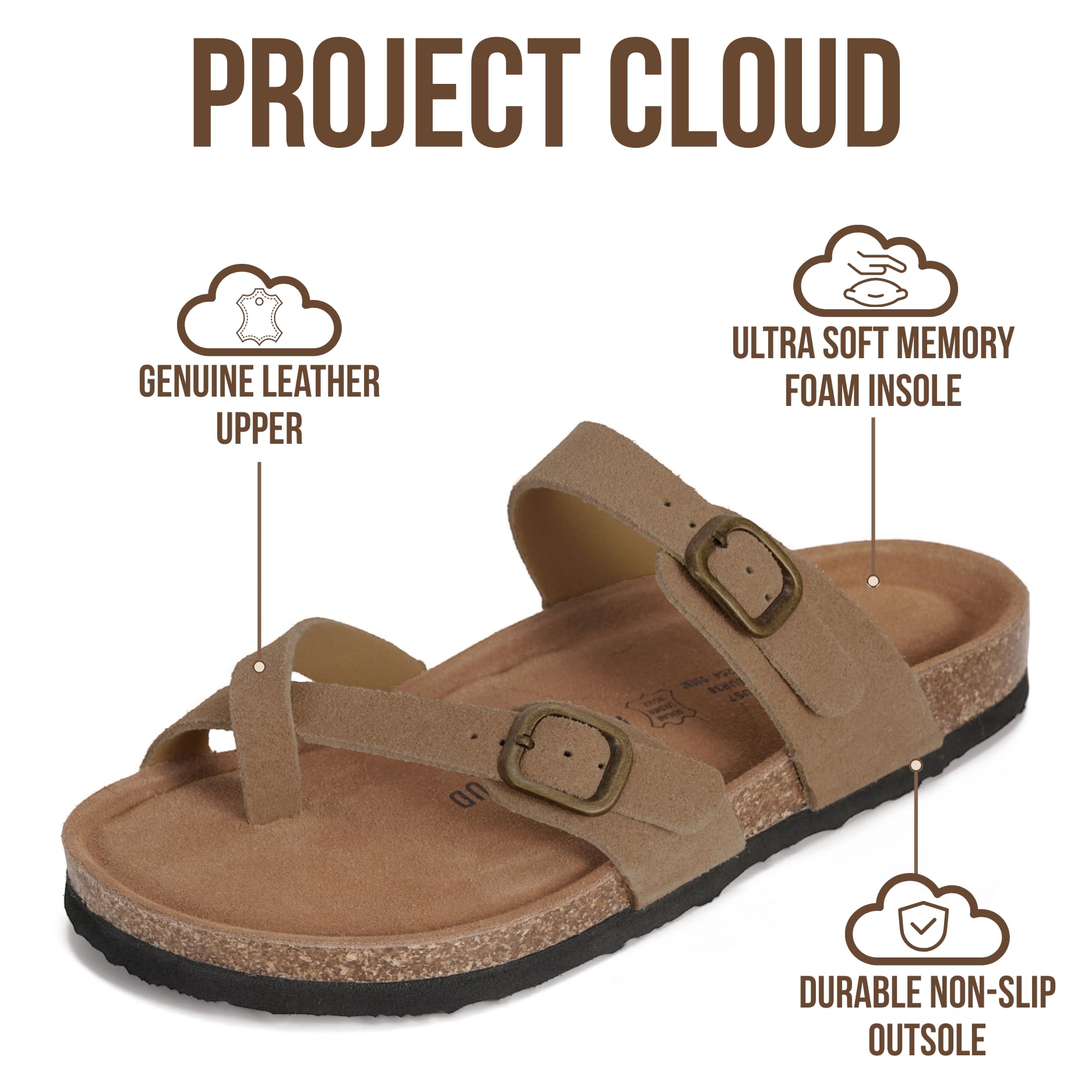 Project Cloud 100% Genuine Leather Womens Sandals -Lightweight Womens Slides Memory Foam Insole & Cork Footbed Sandals Women - Non-Slip Beach Essentials Summer Sandals for Women 2026(LianW,CHSTNT,8.5)
