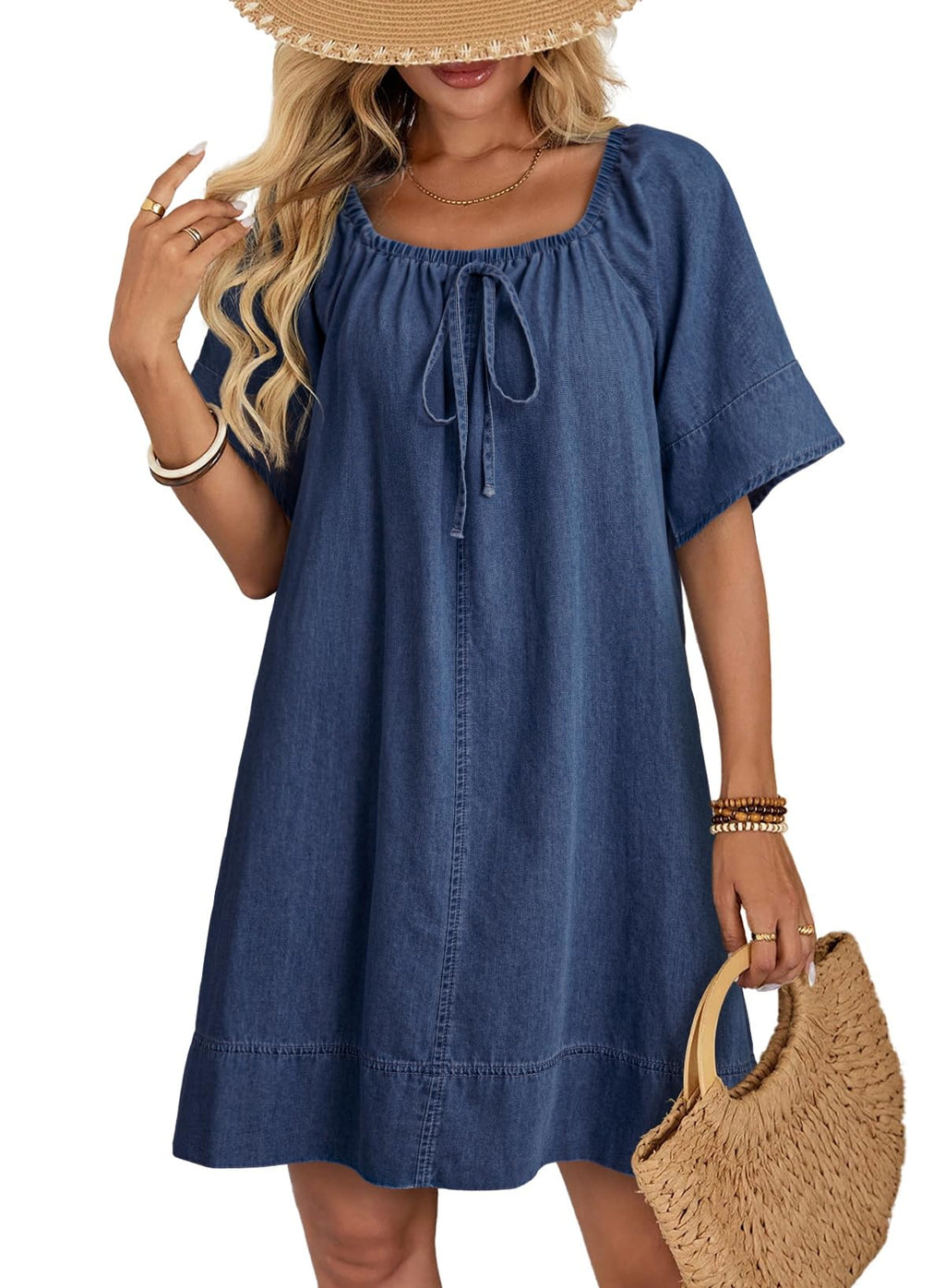 Dokotoo Navy Blue Dress for Women 2026 Fashion Tie Front Denim Dress Scoop Neck Short Sleeve A-Line Lightweight Flowy Jean Dress Plus Size Trendy Outfit X-Large