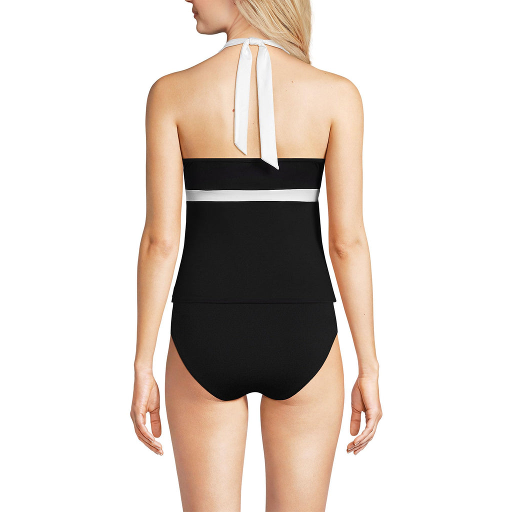 Lands' End Women's Long Torso V-Neck Halter Tankini Top X-Small Black/White