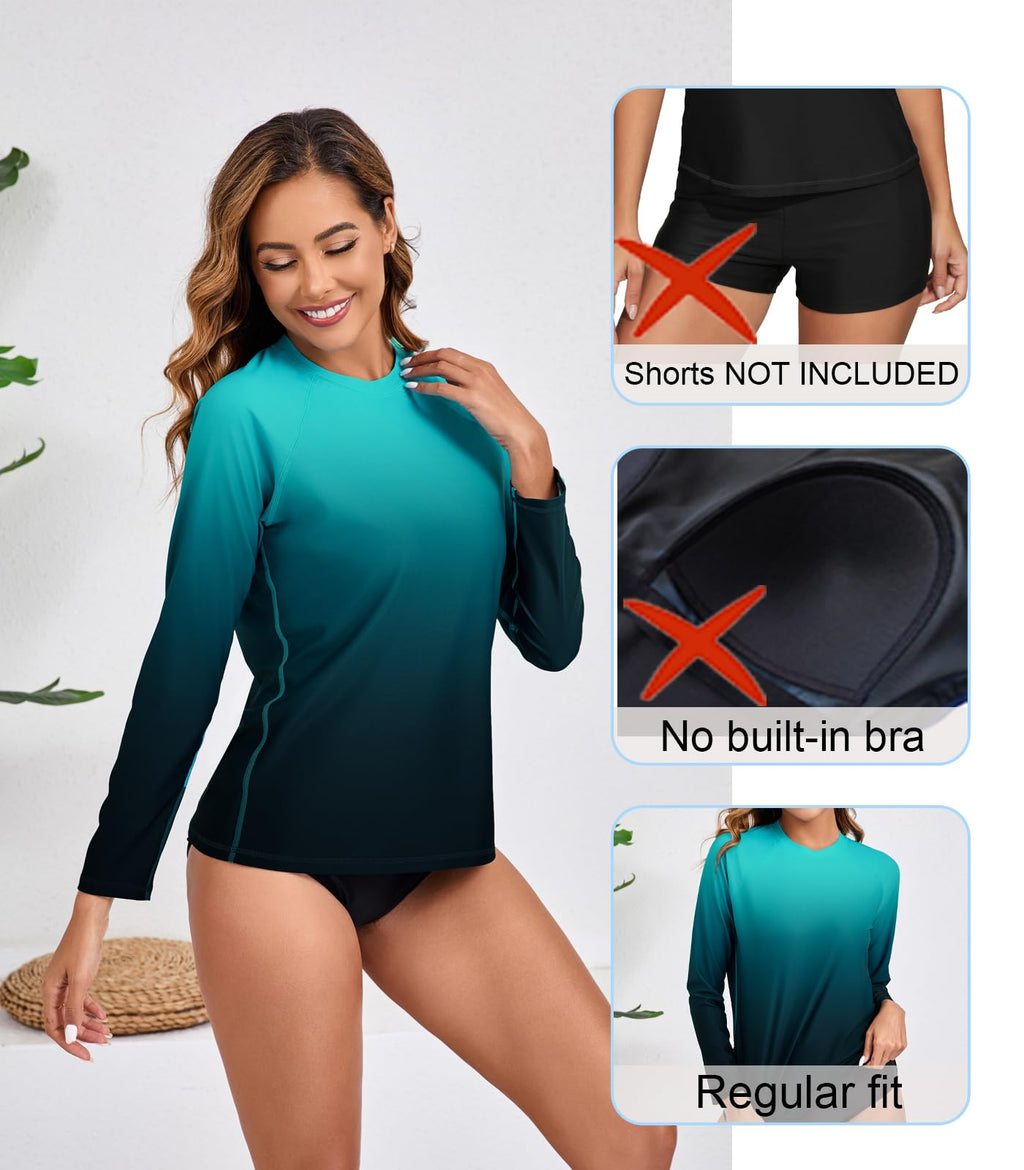 Halcurt Women's Long Sleeve Rash Guard Swim Shirts Quick Dry UPF50+ UV Sun Protection Swimsuit Top Ombre Light Blue Peacock Blue XL