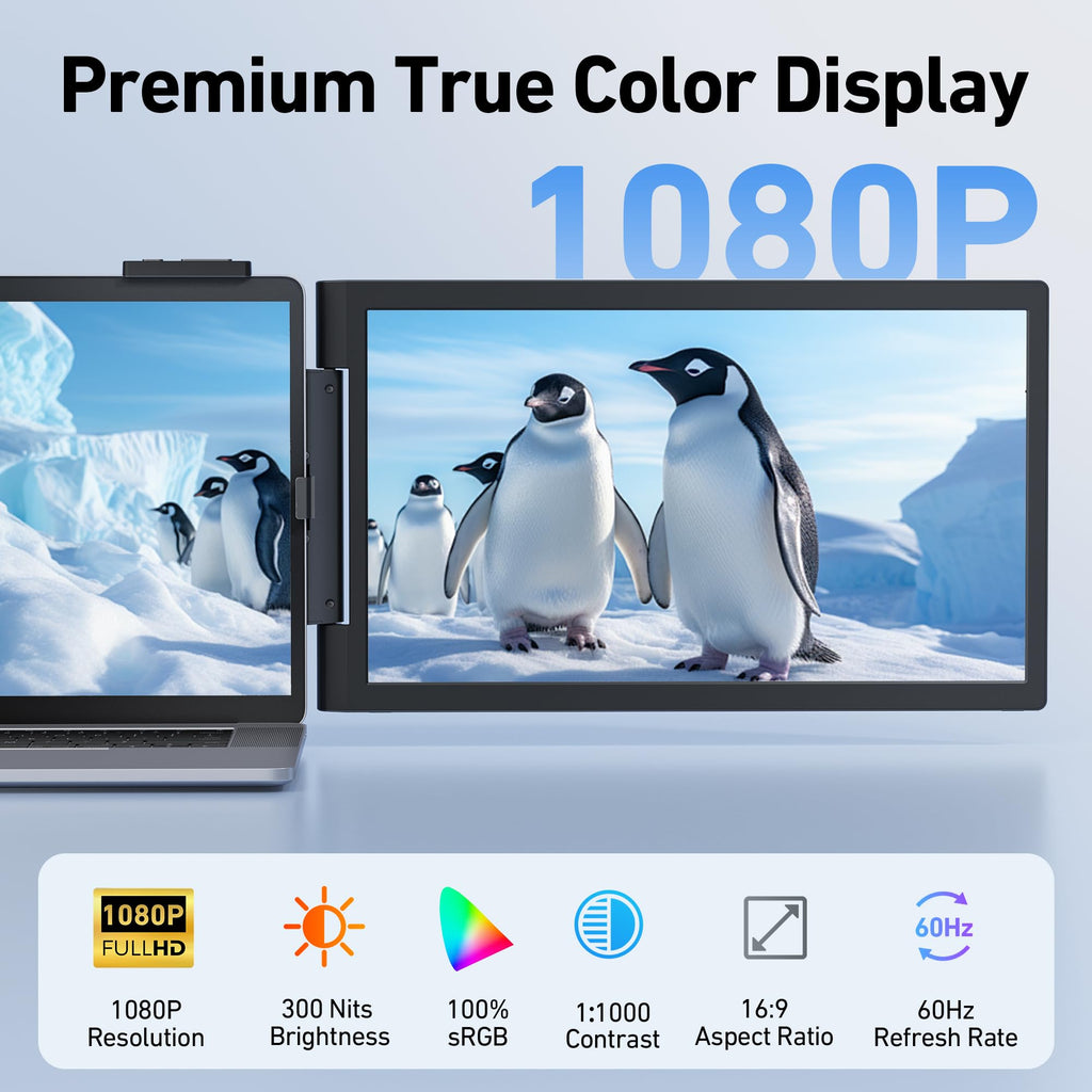 Pornitor Laptop Screen Extender, 14’’ FHD 1080P Triple Portable Monitor for Laptop with Ultra-Slim IPS Display, USB-C Plug and Play Multi Screen Attachment for 14"-16.5" Laptops