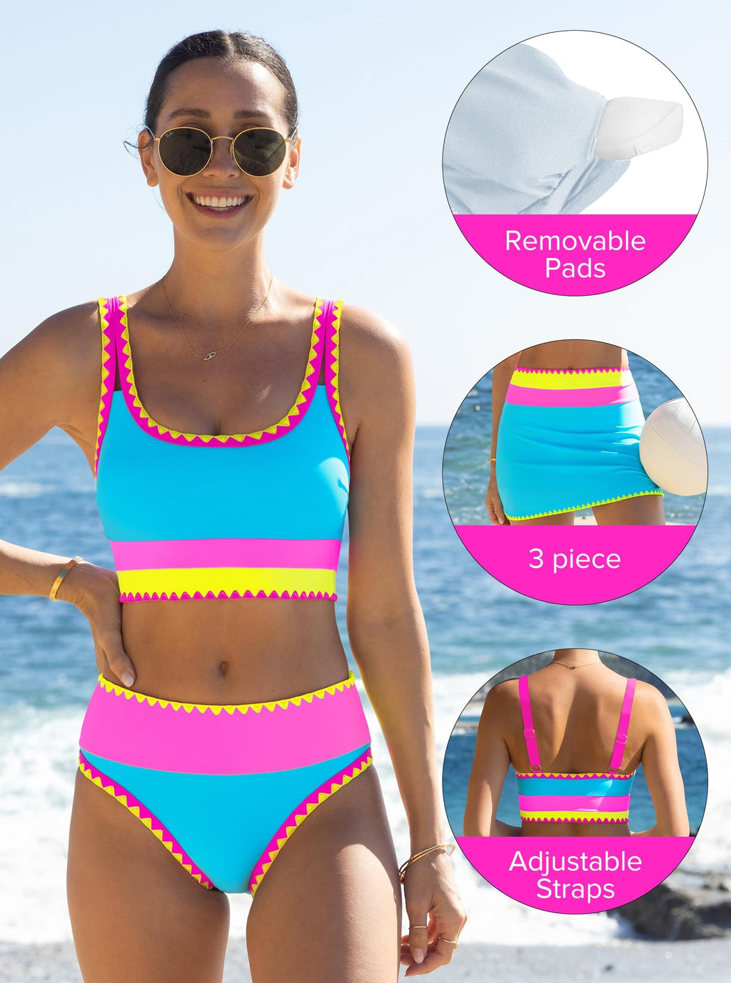 popvil High Waisted Bikini Sets for Women Tummy Control Swimsuits 3 Piece Bathing Suits Neon Swimwear with Skirt 2026