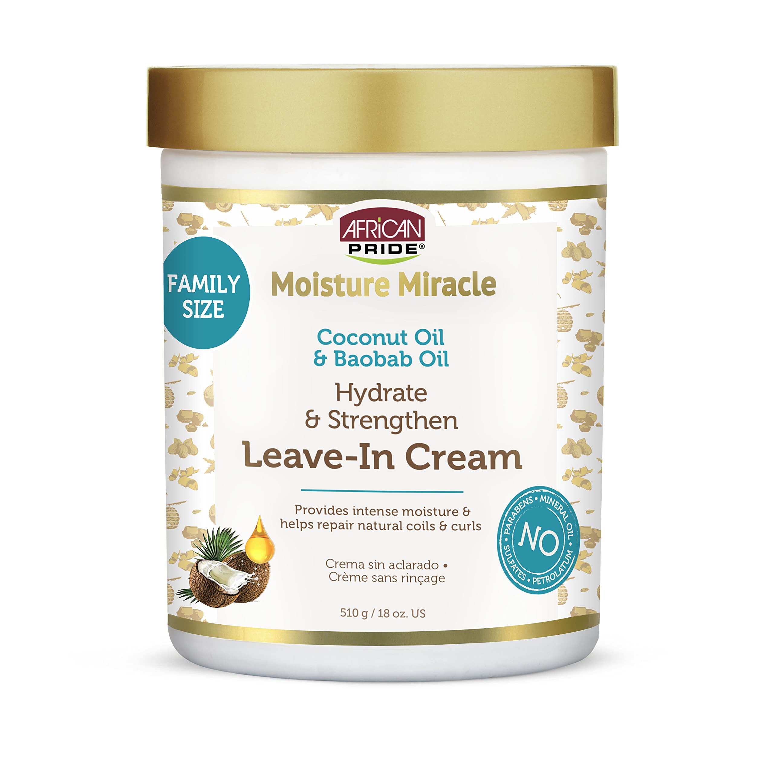 African Pride Moisture Miracle Leave-In Cream with Baobab Oil & Coconut Oil for Coily & Curly Hair, Adds Moisture, Helps Repair & Strengthen, 18 oz