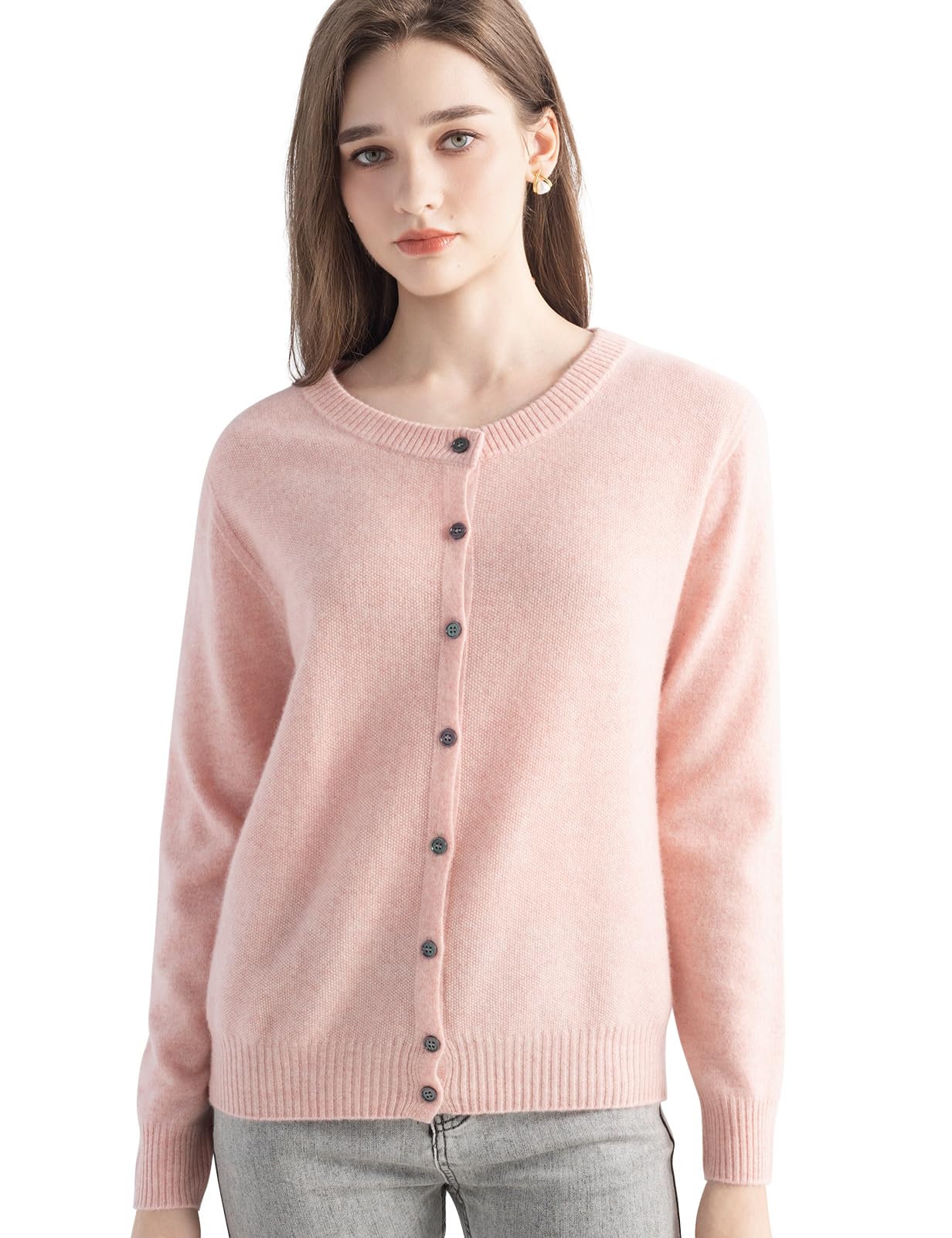 Chanyarn Women's 100% Pure Cashmere Cardigan Crew Neck Long Sleeve 2025 Fall Winter Warm Soft Knit Cardigan Sweater (Pink17176,M)