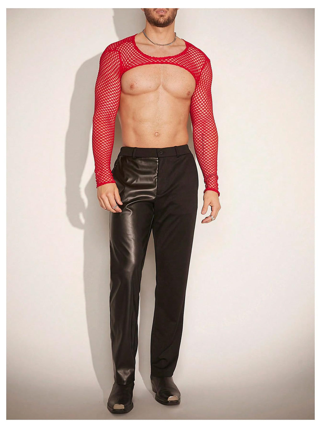 WDIRARA Men's Fishnet Sheer Mesh Long Sleeve T-Shirt Crop Top Slim Fit Party Tee Tops Red Small