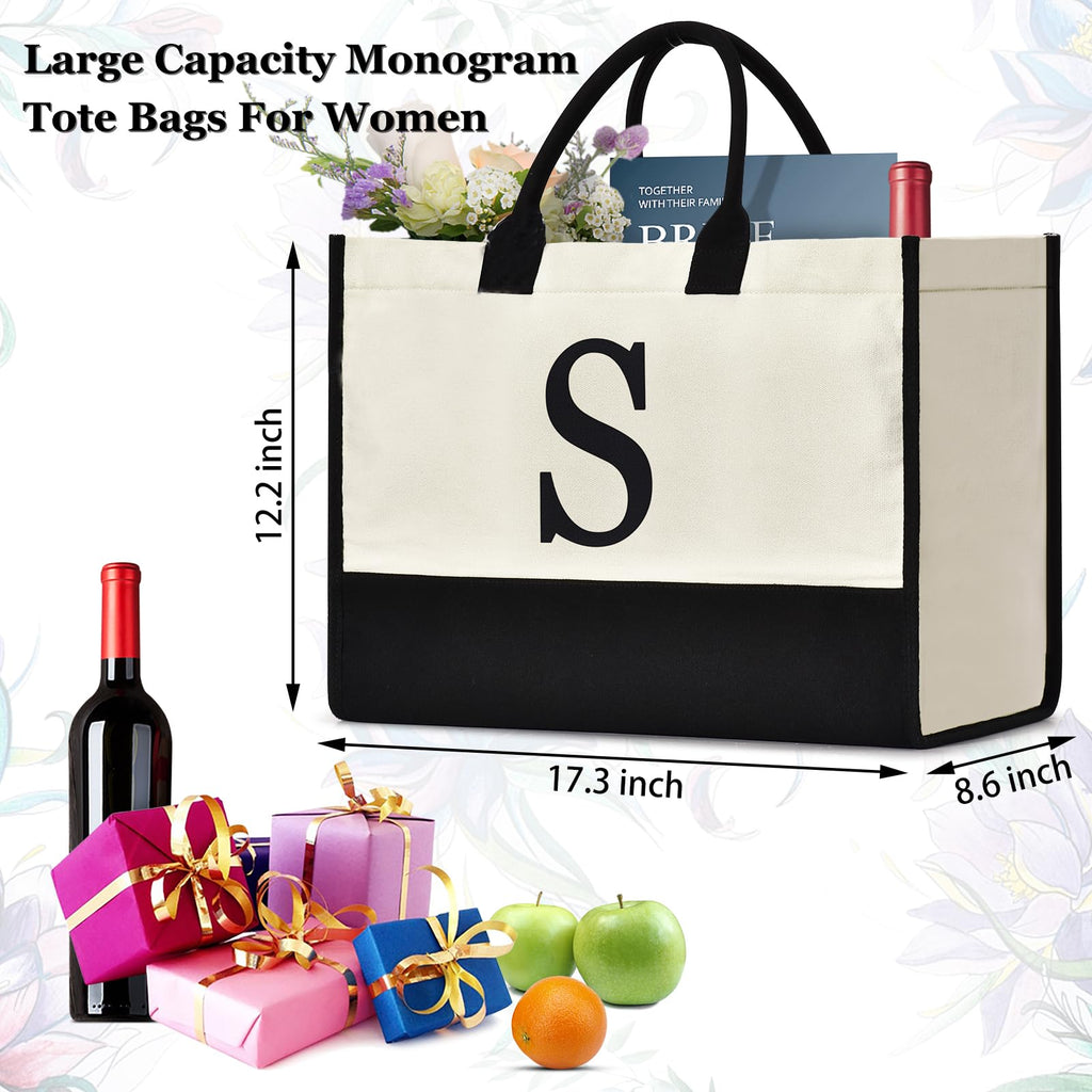 GASSDA Initial Canvas Tote Bag Birthdays Gift for Women Mom Teacher Friend Bridesmaid,Custom for Wedding Beach Holidays