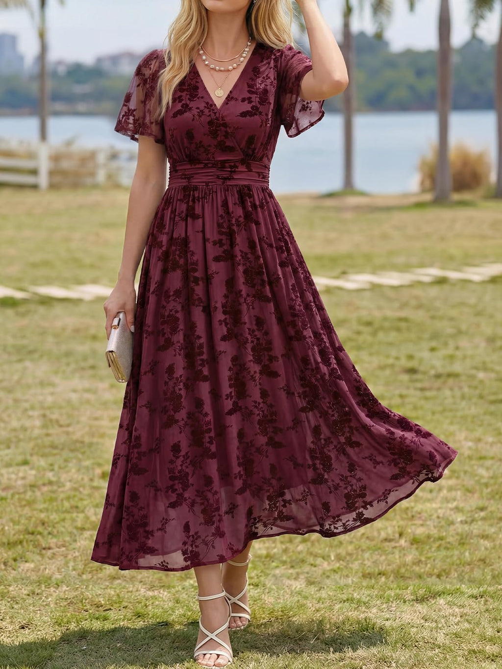 LILLUSORY Wedding Guest Maxi Dress 2026 Women Summer V Neck Short Sleeve Floral A Line Long Brunch Cocktail Wrap Dress with Pockets Formal Elegant Flowy Outfits Burgundy
