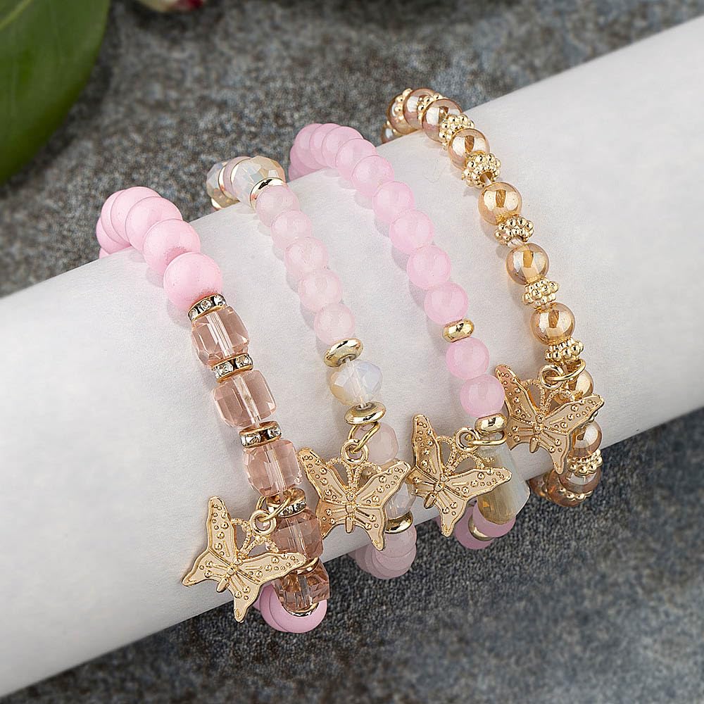 Azusa Sun 4 Pcs Cute Butterfly Charm Pink Bracelets Set Gold Beaded Stackable Stretch Bracelets Bohemian Summer Jewelry Gifts for Women