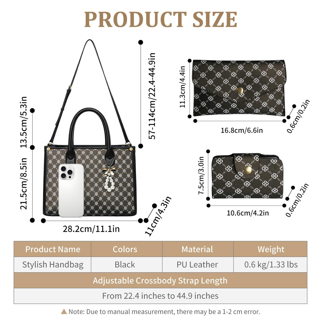 Women's Handbags Fashion, 3PCS Top Handle Bags for Women, Handbags Tote Shoulder Purse Set PU Leather Satchel Bag Adjustable Strap Work with Zippe (black)