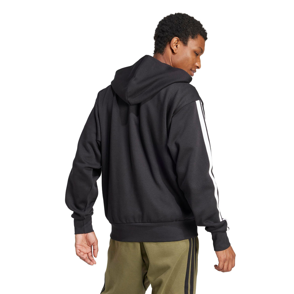 adidas Men's Essentials 3-Stripes Fleece Full-Zip Hooded Track Top, Black/White, Large