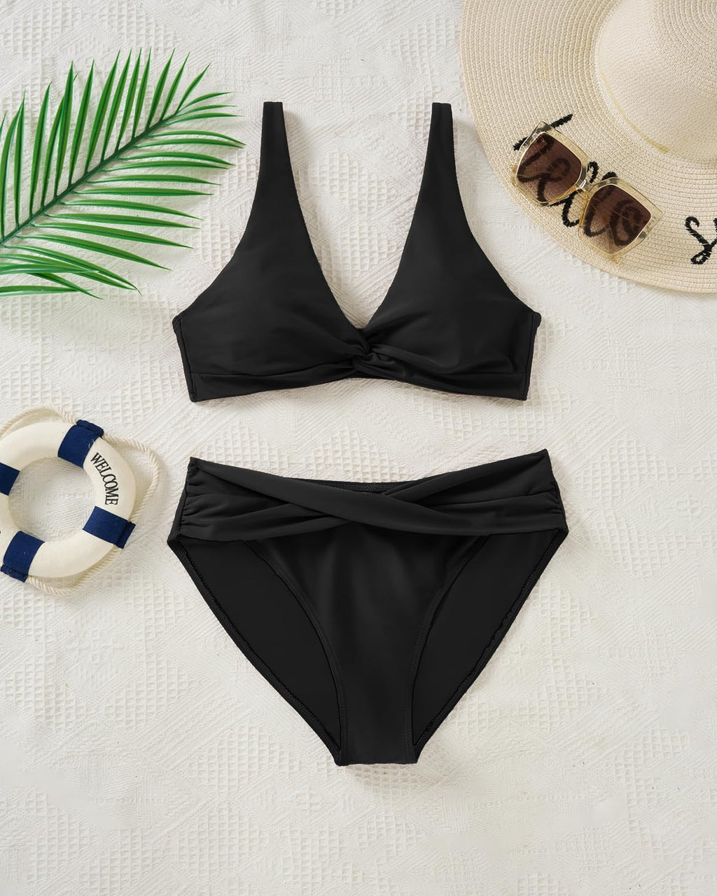 Yonique Women Two Piece Swimsuit - Knot Twist Bikini Set V Cut Bathing Suit 2026 Teen Bikini Black M