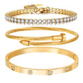 A D. 18 K Gold Plated Love Bangle Bracelet Set Stackable Cubic Zirconia Chain Bracelet Stainless Steel Chain Gold Bangle Bracelets for Women Valentine's Day (3 Sets(Tennis,Bangle))