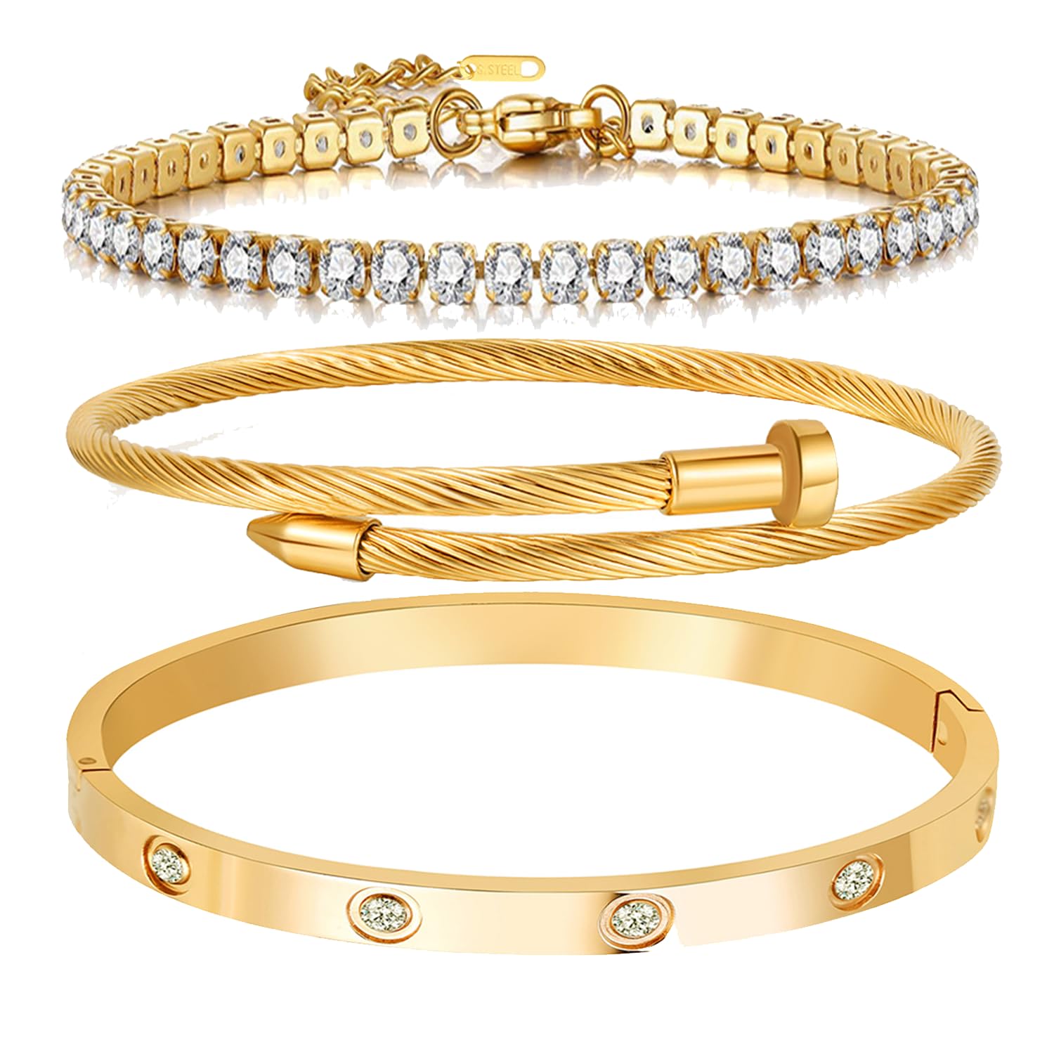 A D. 18 K Gold Plated Love Bangle Bracelet Set Stackable Cubic Zirconia Chain Bracelet Stainless Steel Chain Gold Bangle Bracelets for Women Valentine's Day (3 Sets(Tennis,Bangle))