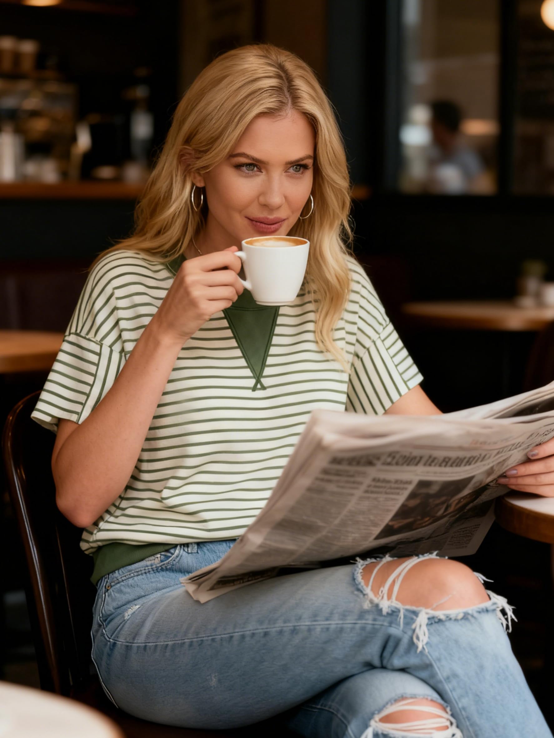 Acelitt Womens Fashion 2026 Summer Casual Crewneck Ruffle Short Sleeve Loose Striped Tshirts Tops Green2 Medium
