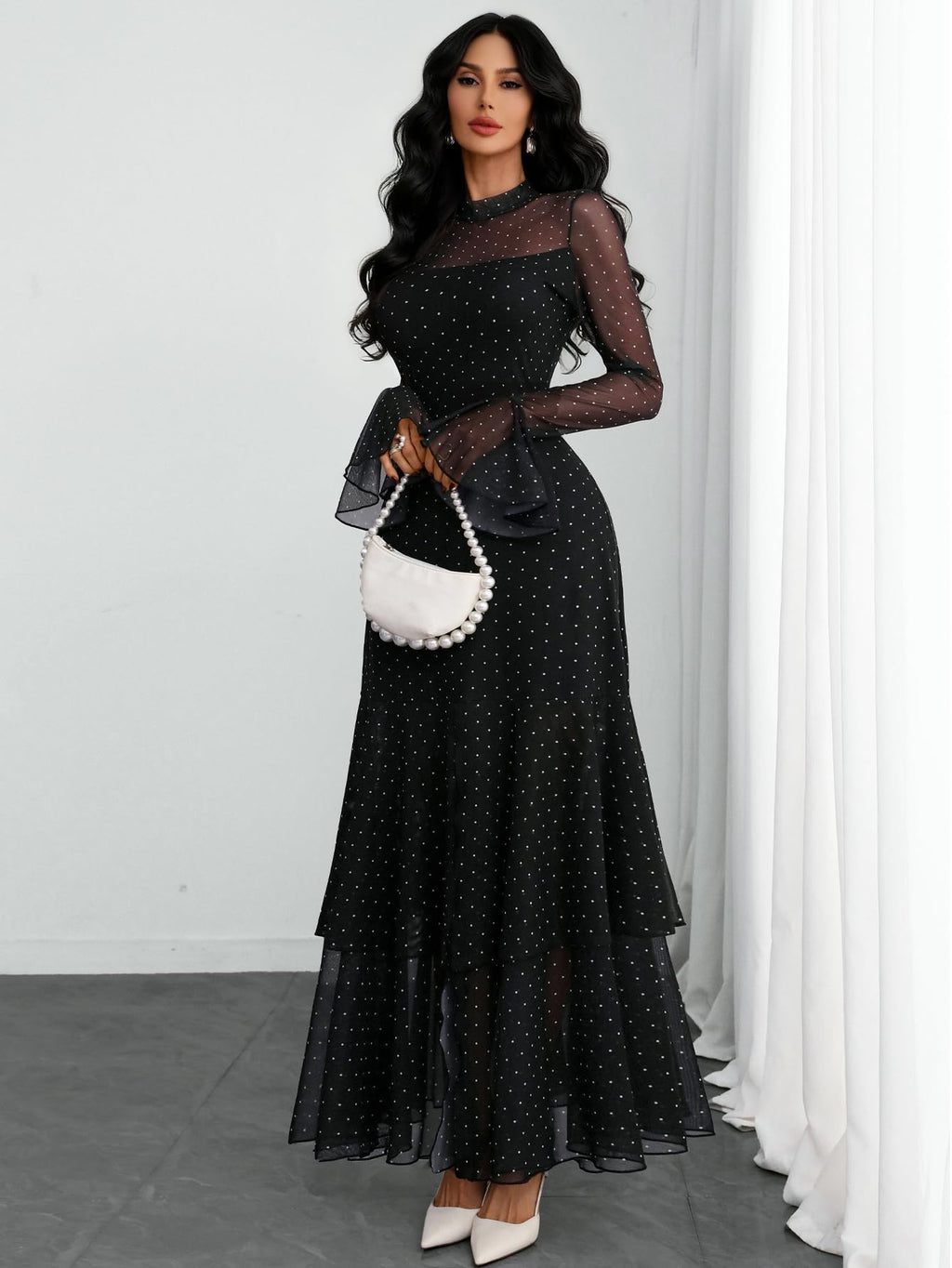 GothDark Womens Elegant Polka Dot Mesh Long Sleeve Dress Bell Sleeve Layered Ruffle Split Formal Wedding Guest Dresses