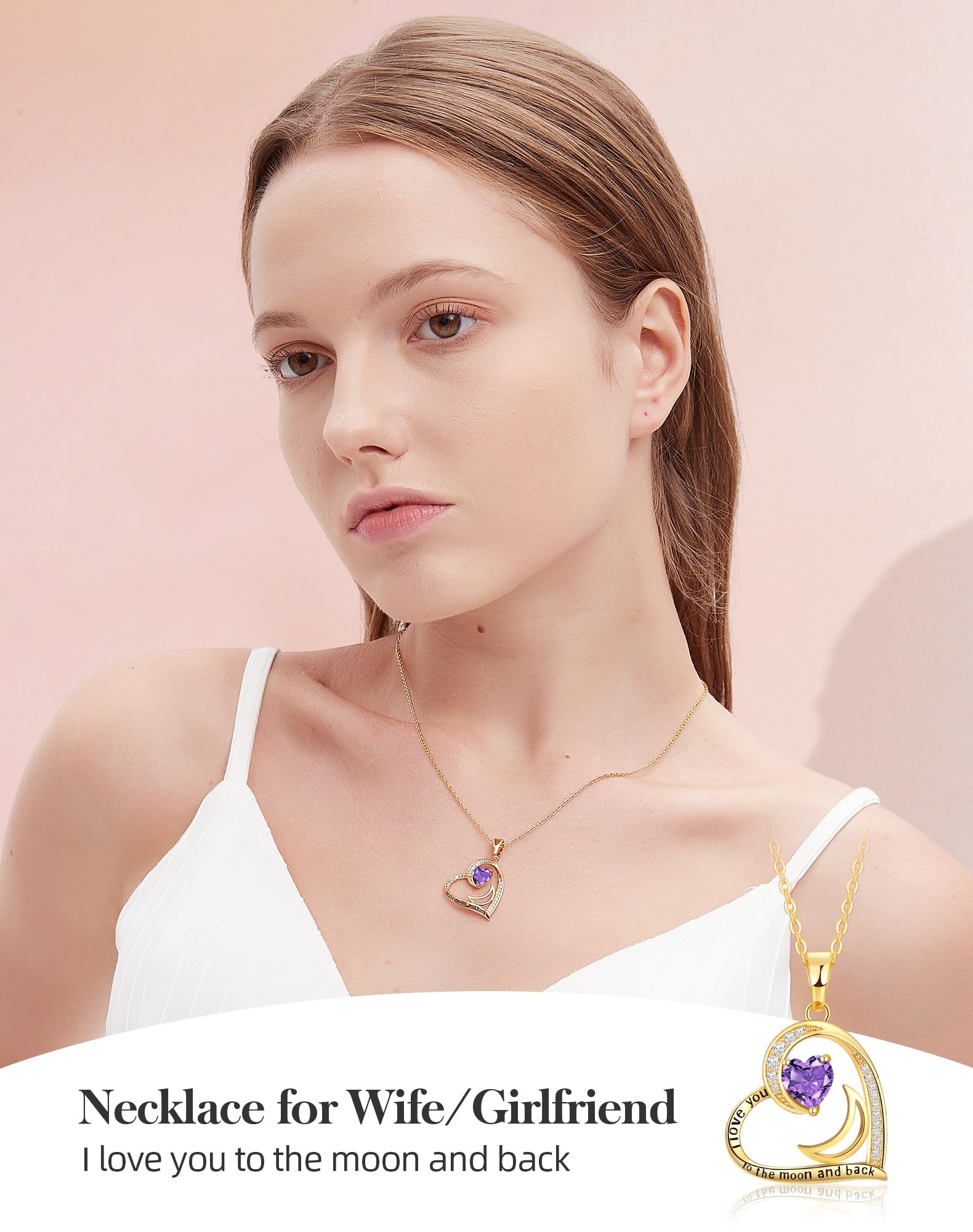 lobci Gold Necklace for Women Heart Necklaces for Wife Jewelry for Wife Gold Necklace for Girlfriend February Amethyst Jewelry(G-Feb-Amethyst)
