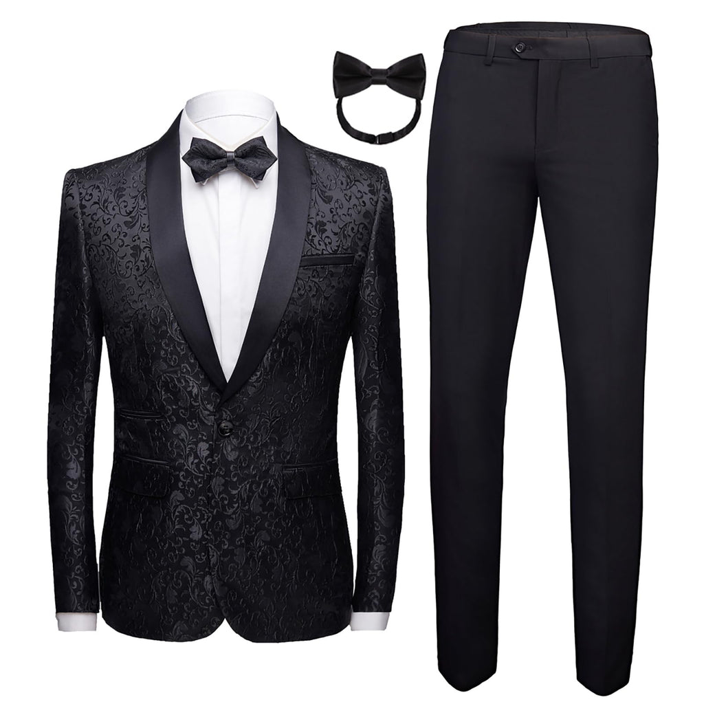 Mgnaie Mens Suits Regular Fit 2 Piece Skinny Tuxedo Blazer Pants Shawl Lapel Paisley Suits Set Men for Wedding Party Black
