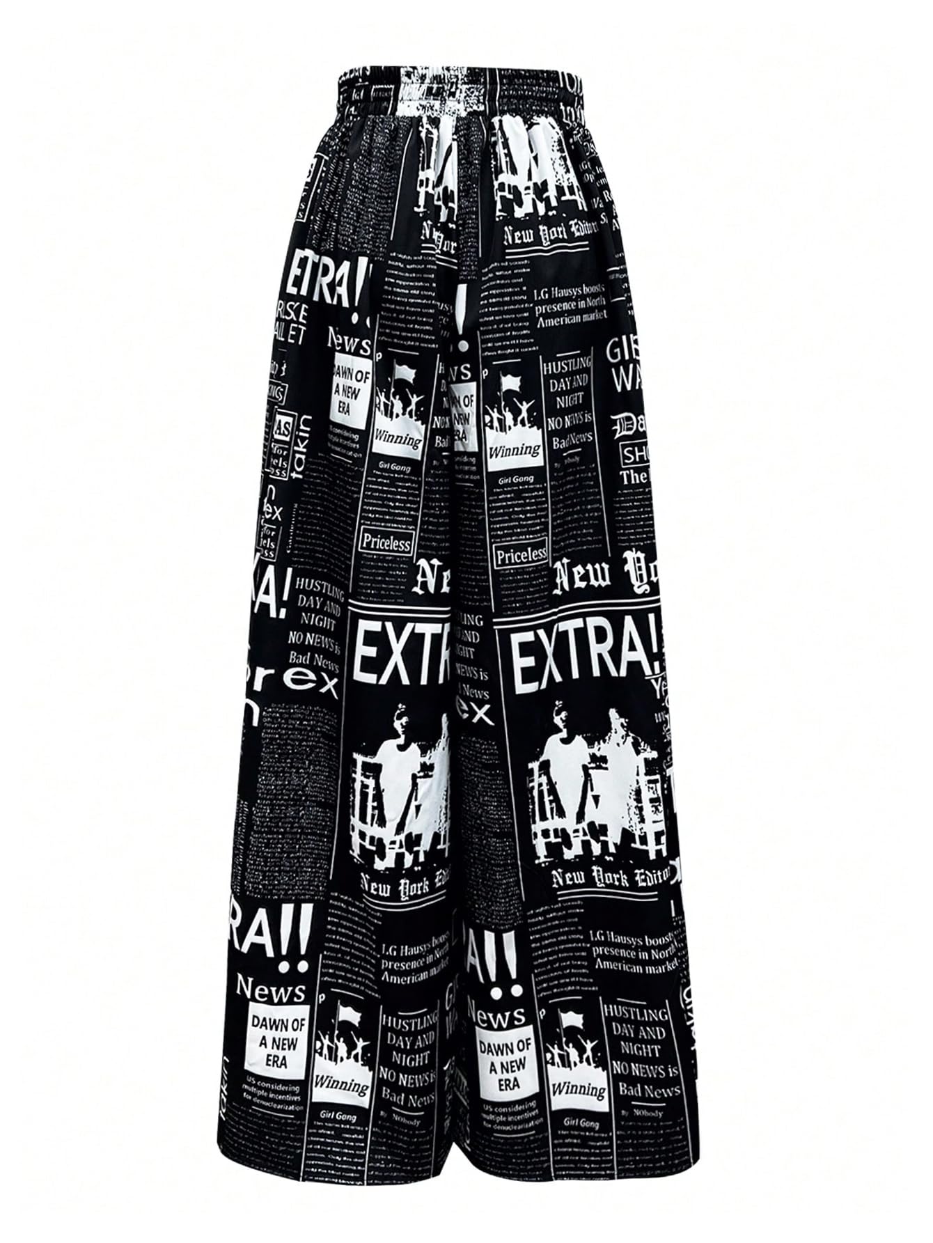 WDIRARA Women's Newspaper Print Wide Leg Pants Elastic Waist Loose Funky Letter Print Palazzo Pants Deep Black Large