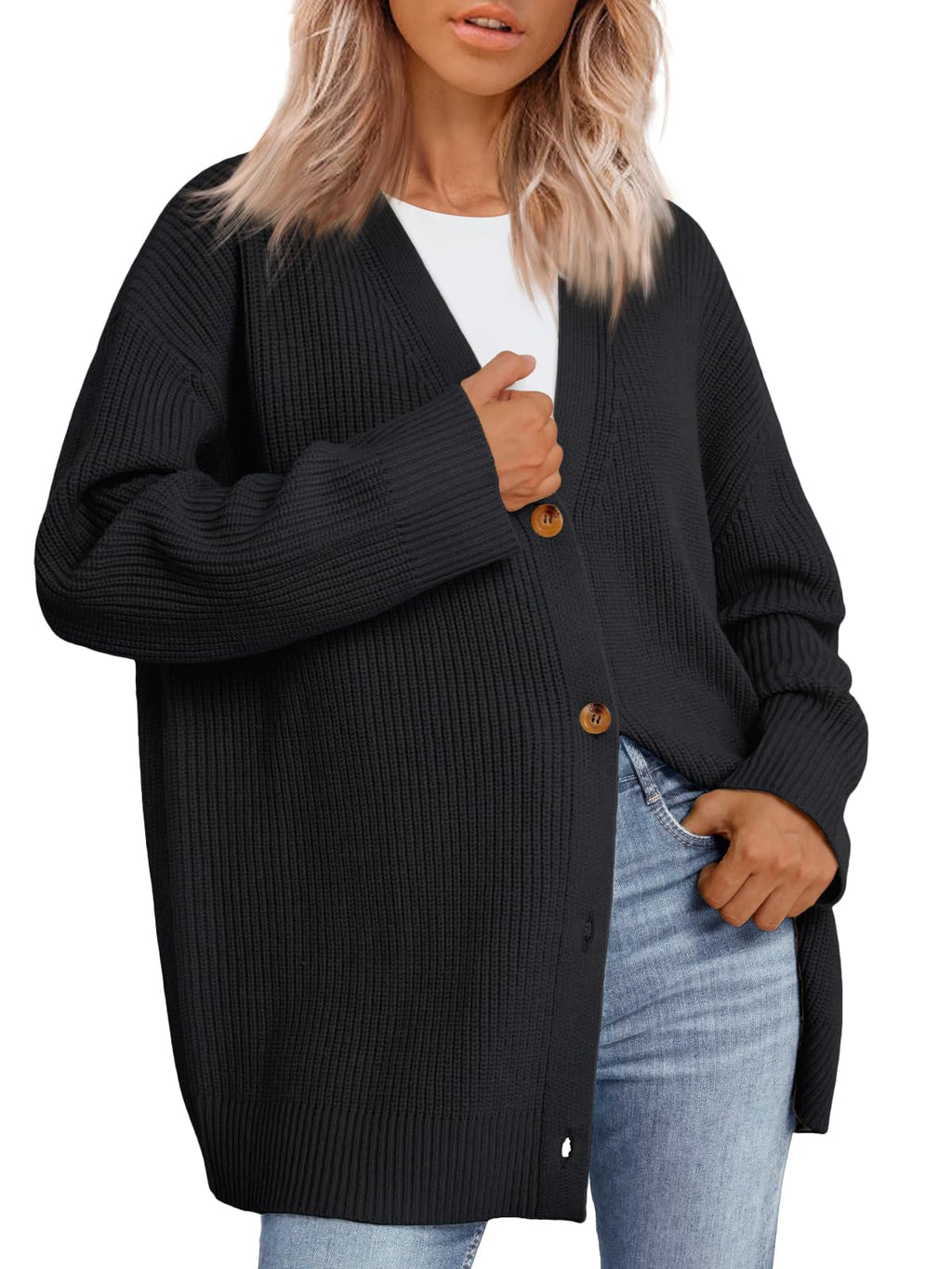 LILLUSORY Women Oversized Cardigan Sweater 2025 Fall Outfits Cloth Fashion V Neck Knit Button Front Casual Trendy Tops Black Small