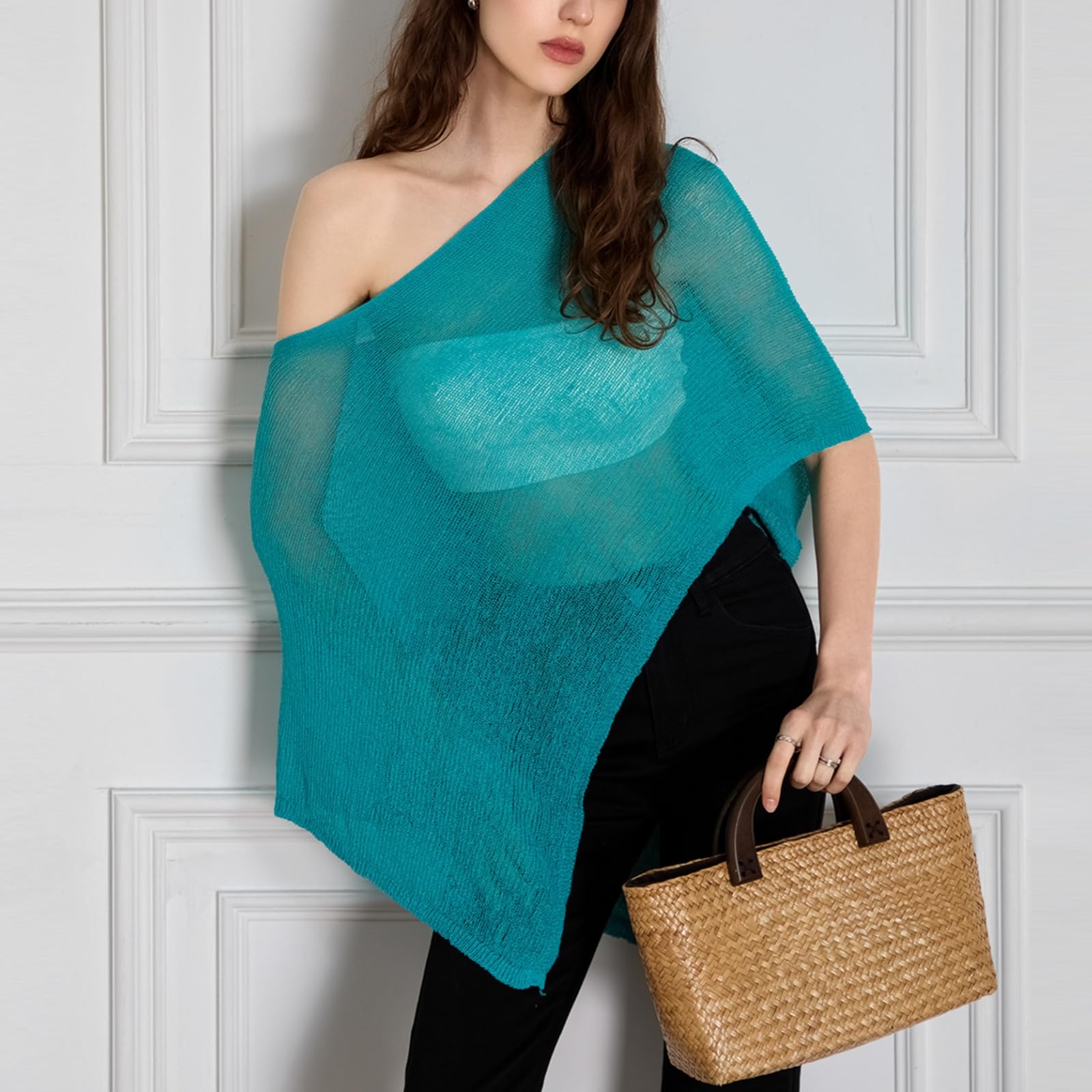 Women Sheer Poncho Top Lightweight Knit Crochet Shrug Bolero Mesh Batwing Sleeve Sweater Cover Up Beachwear