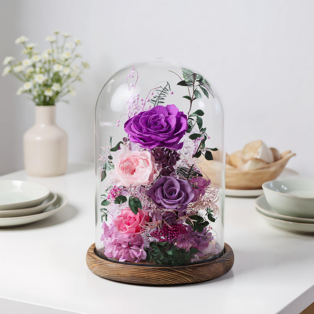 lovenfold Flowers for Delivery Preserved Flowers Rose in Glass Dome, Purple Rose Forever Flowers Birthday Gifts for Women Mom Grandma Friend Gifts for Her, Home Decor