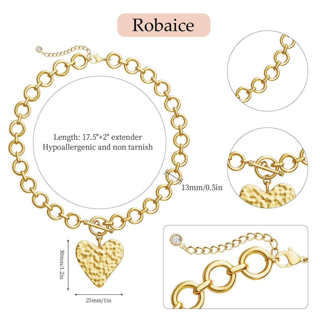 Robaice Chunky Gold Heart Necklace for Women，14K Gold Plated Hammered Heart Pendant Bold Chain Necklace with Toggle Clasp，Waterproof Non Tarnish Hypoallergenic Chunky Statement Jewelry Gift for Women