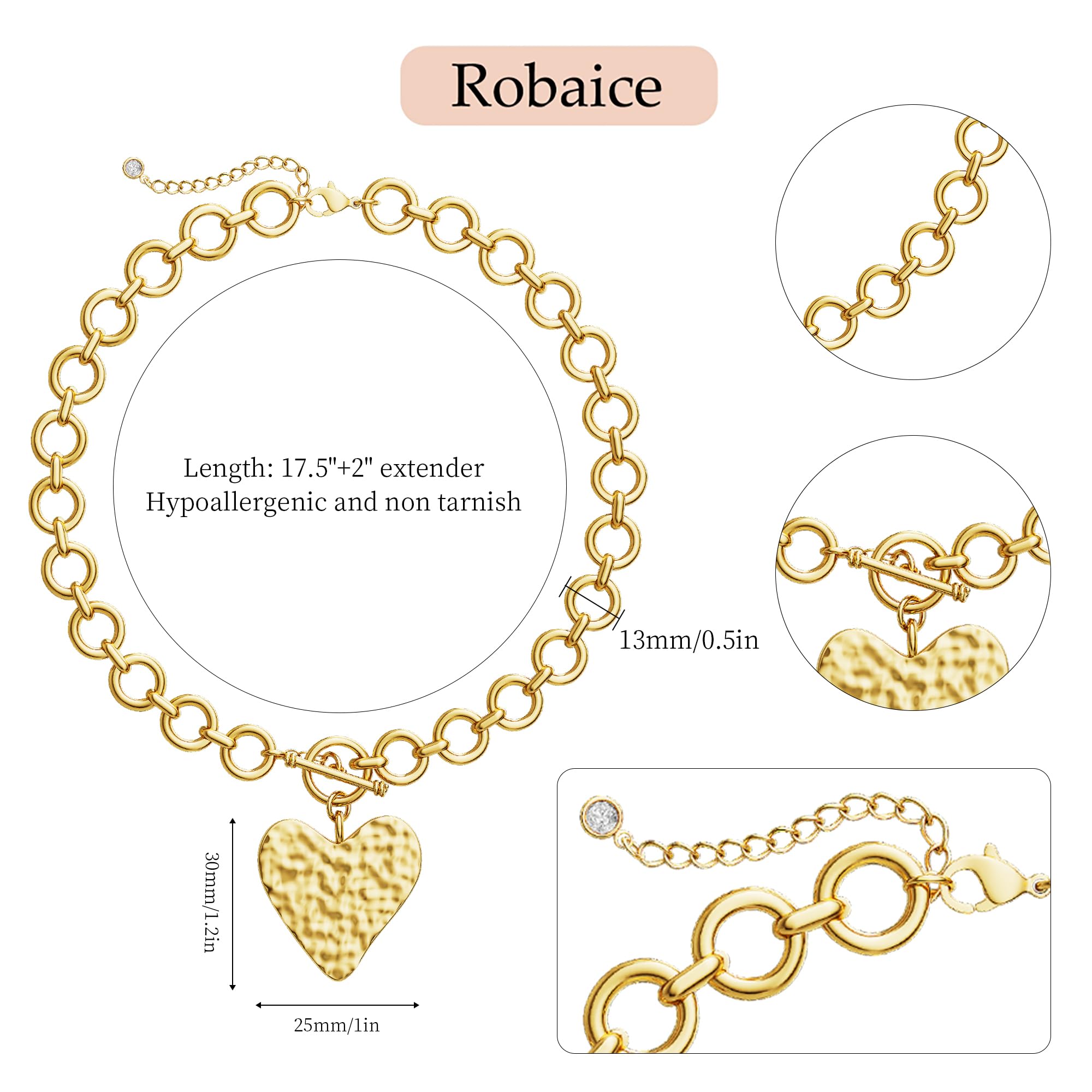 Robaice Chunky Gold Heart Necklace for Women，14K Gold Plated Hammered Heart Pendant Bold Chain Necklace with Toggle Clasp，Waterproof Non Tarnish Hypoallergenic Chunky Statement Jewelry Gift for Women