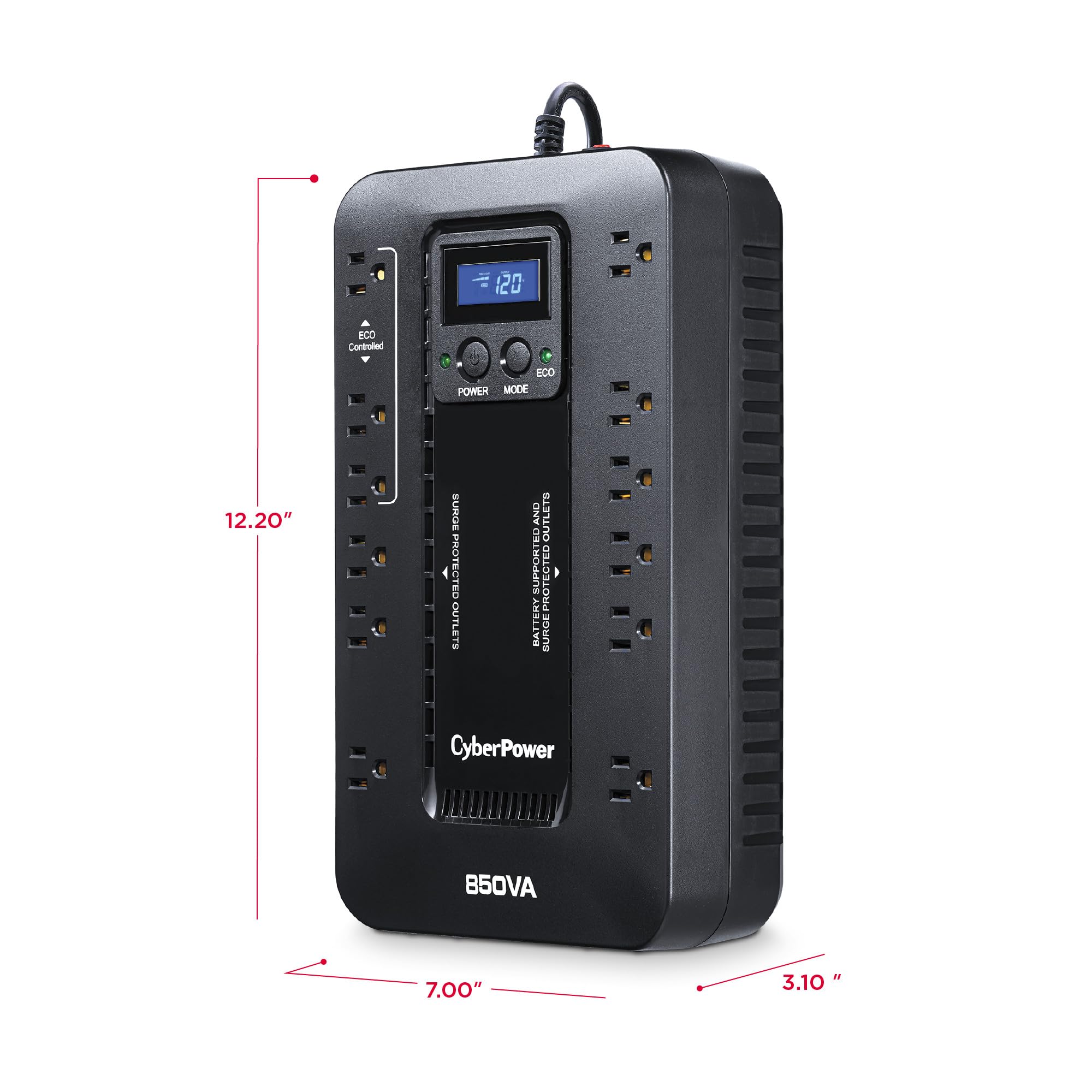 CyberPower EC850LCD Ecologic UPS Battery Backup and Surge Protector, 850VA/510W, 12 Outlets, ECO Mode, Compact, UL Certified