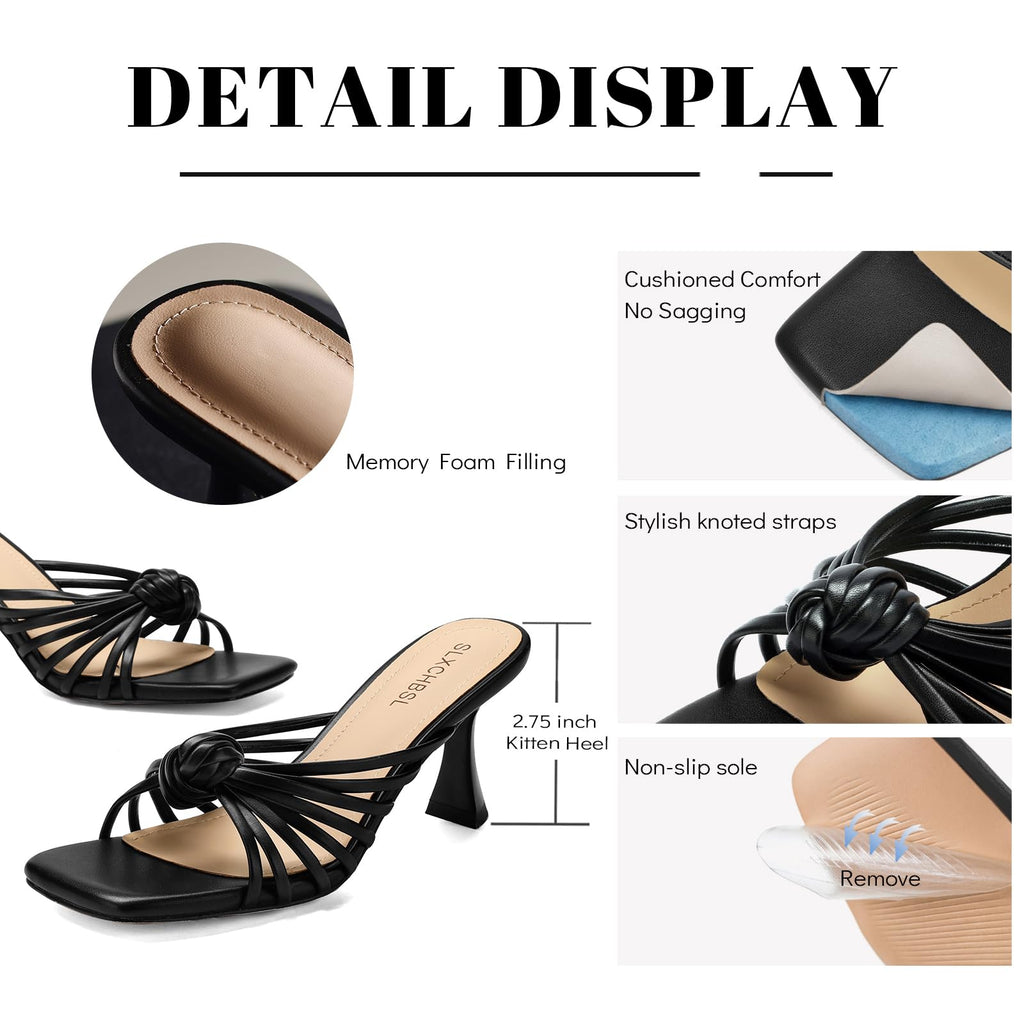 SLXCHBSL Slip On Kitten Heels for Women, Square Open Toe Knotted Heeled Sandals for Dress, Party, Casual, Low Heel 2.75 Inch, Black, Size 8