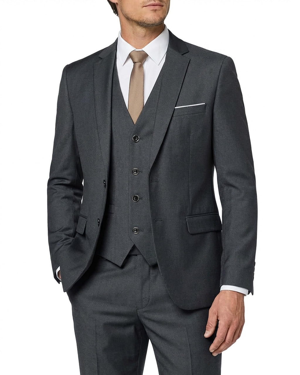 MY'S Men's 3 Piece Slim Fit Suit Set, 2 Button Blazer Jacket Vest Pants with Tie, Solid Wedding Dress Tux and Trousers Deep Grey