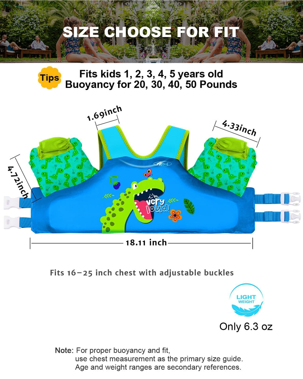 AEOCOO Puddle Float Jumper 20-30-50 Pounds, Toddler Swim Vest for 1-3-5 Years Old, Pool Floats with Swimming Arm Floaties Swim Jacket with Water Wings for Kids Swimmies, Boys, Girls, Niños, Dinosaur