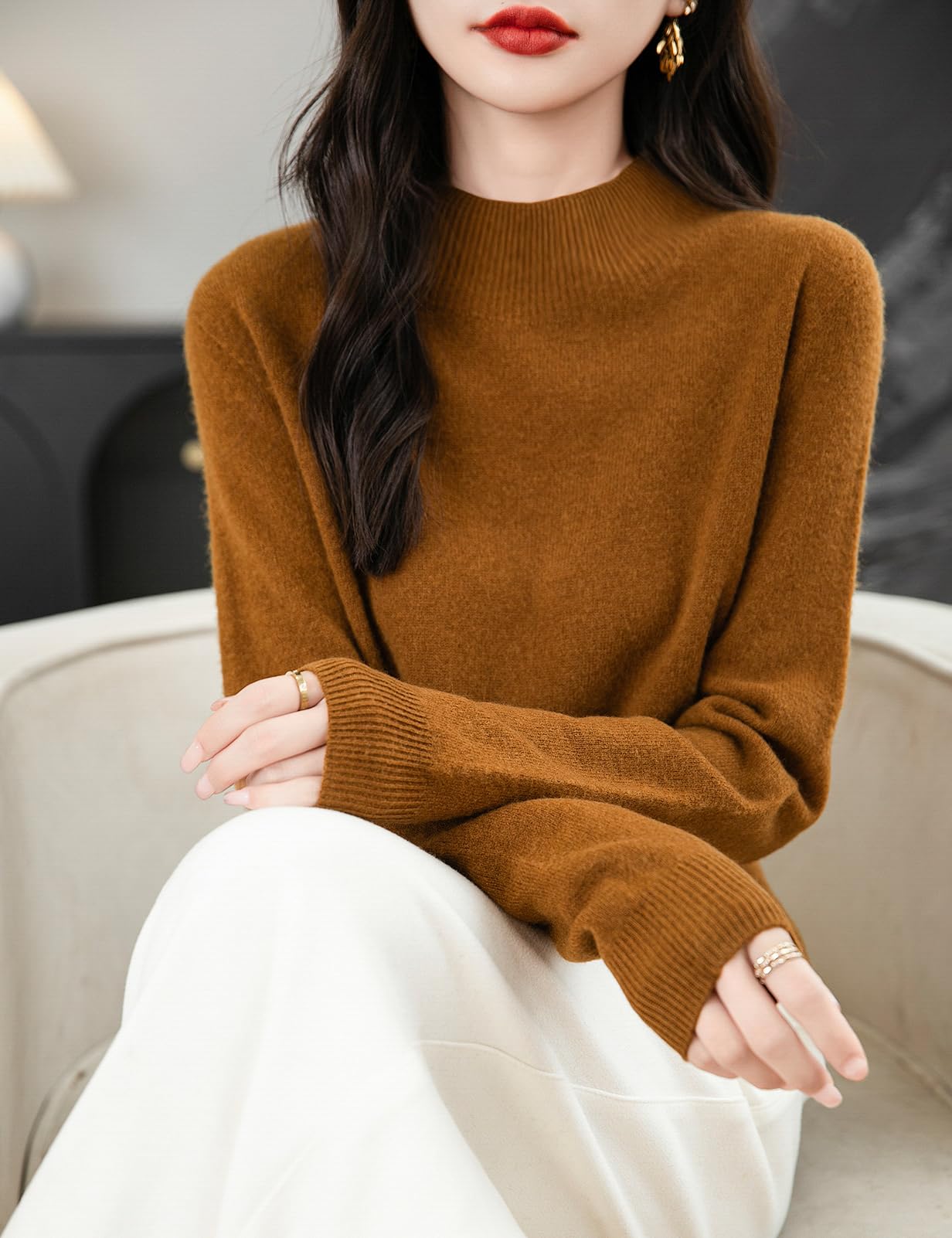 Chanyarn Women's Cashmere Long Sleeve Sweater Mockneck 2025 Fall Winter Seamless Knit Turtleneck Pullover Warm Soft 100% Merino Wool Sweater (Caramel,L)
