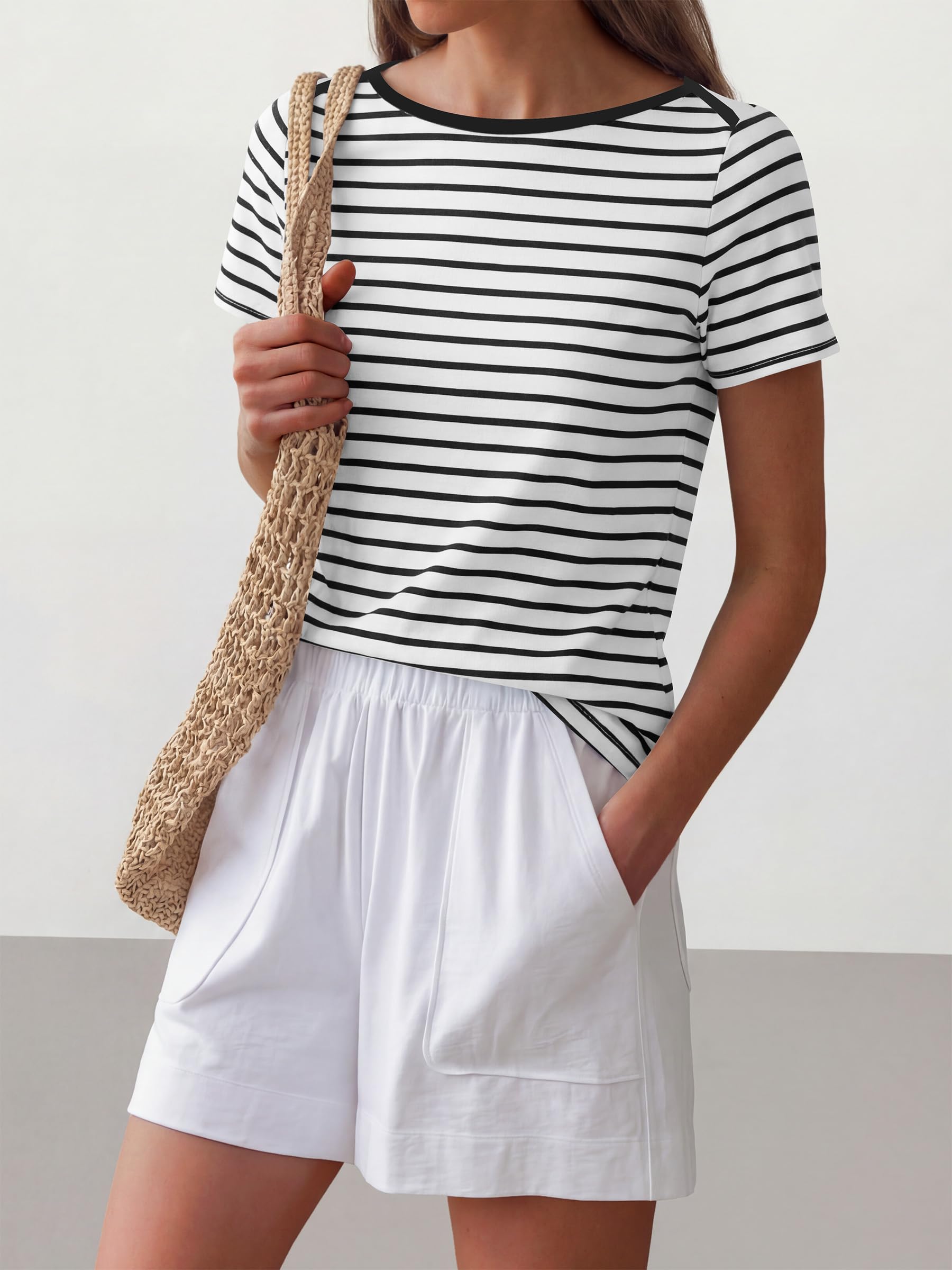 ANRABESS Womens Boat Neck Tops Short Sleeve T-Shirts Causal Fashion Tee Shirts 2026 Summer Spring Clothes Black White Stripe Medium