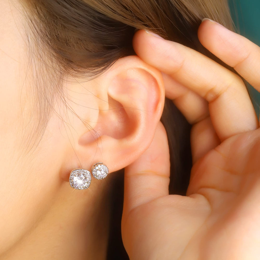 ALEXCRAFT Sterling Silver Halo Stud Earrings for Women Cubic Zirconia Round Heart Square Diamond Large Silver Studs Set Earring for Men 3 Pairs