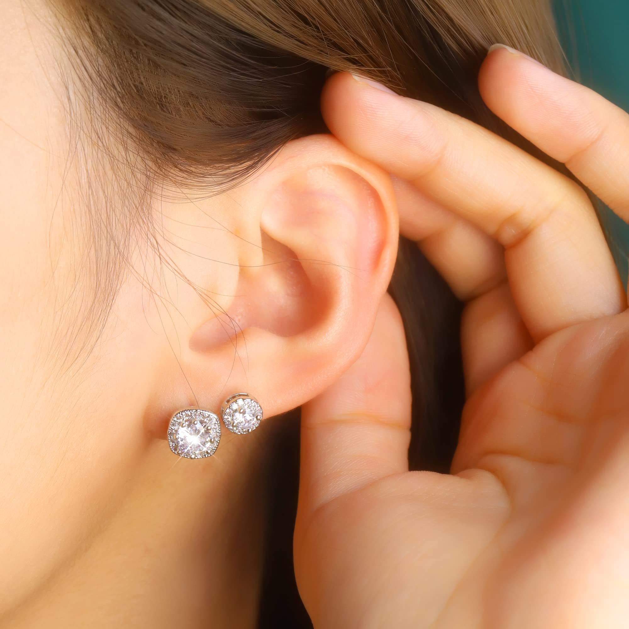 ALEXCRAFT Sterling Silver Halo Stud Earrings for Women Cubic Zirconia Round Heart Square Diamond Large Silver Studs Set Earring for Men 3 Pairs
