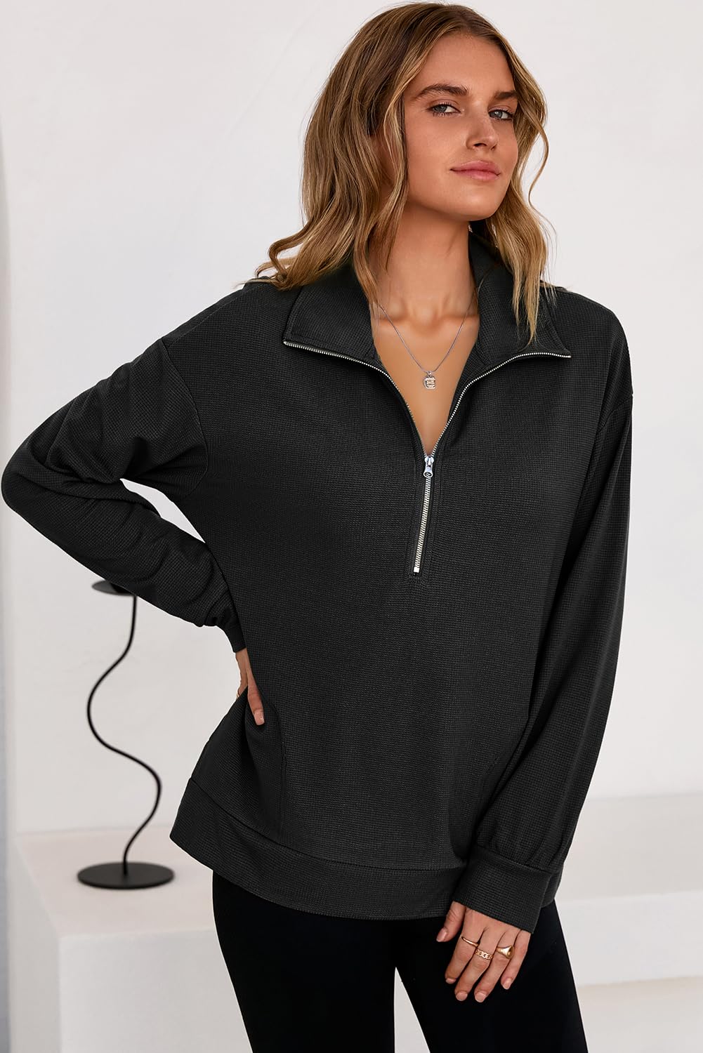 Dokotoo Womens Sweatshirt Waffle Knit Long Sleeve Zip Up Casual Sweatshirts Lightweight Soft Pullover Sweater Tops Comfy Fall Fashion Thanksgiving Outfit Clothes Trendy 2025 Plus Size Black Small