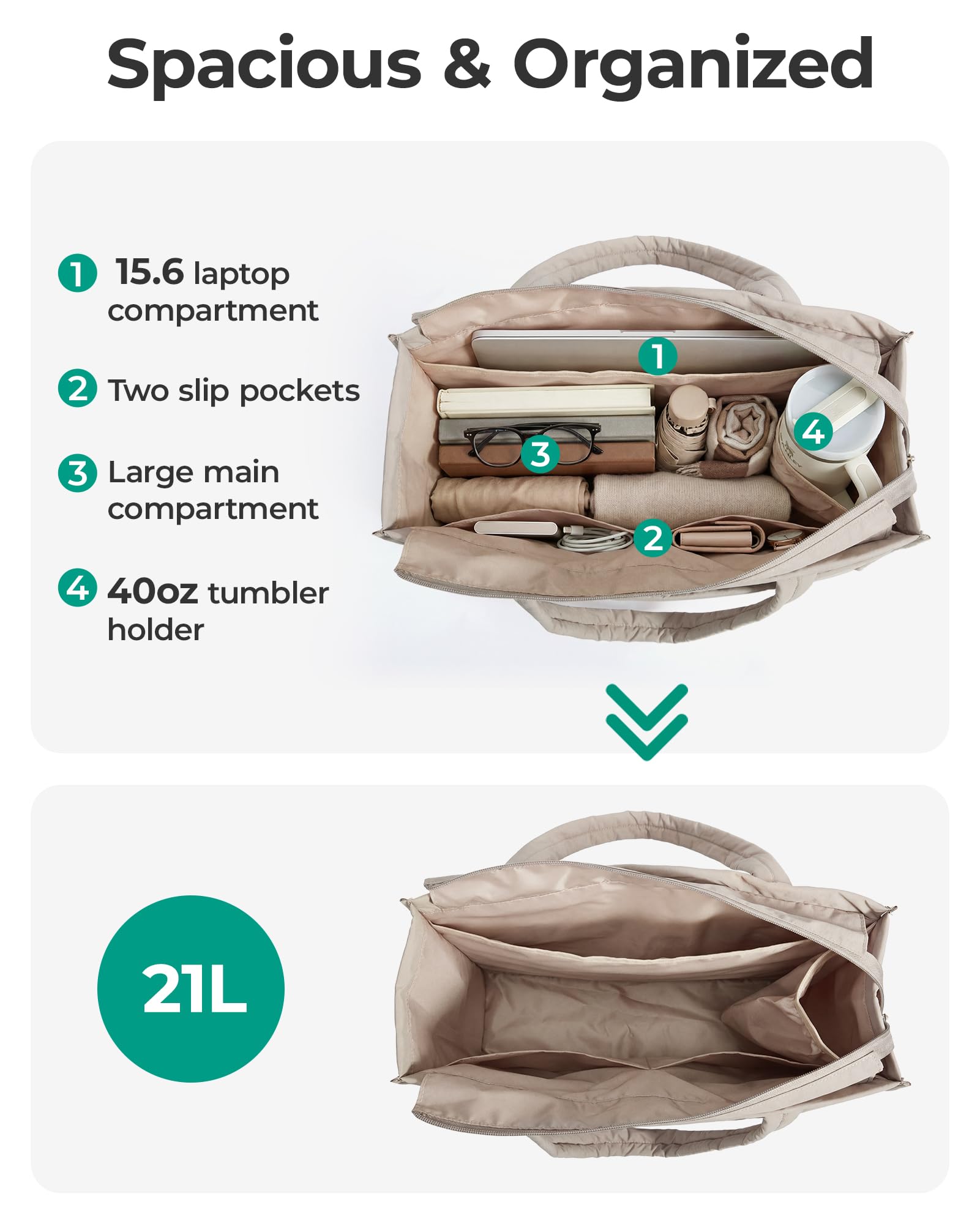 BAGSMART Tote Bag for Women, 2Pc Puffy Tote Bag Set with Zipper, Quilted Large Nurse Work Teacher Bag for Travel, Brown