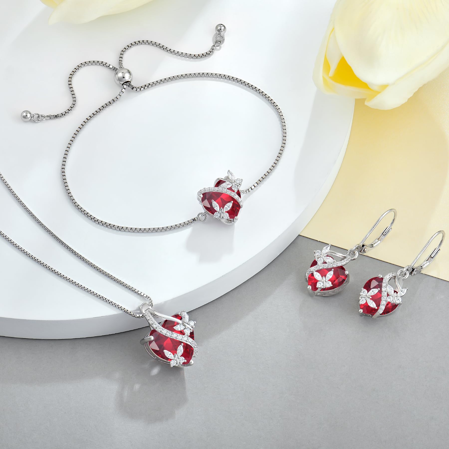 Vesitim Butterfly Bracelet for Women Sterling Silver Heart Jewelry Created Ruby Charm Link Bracelet