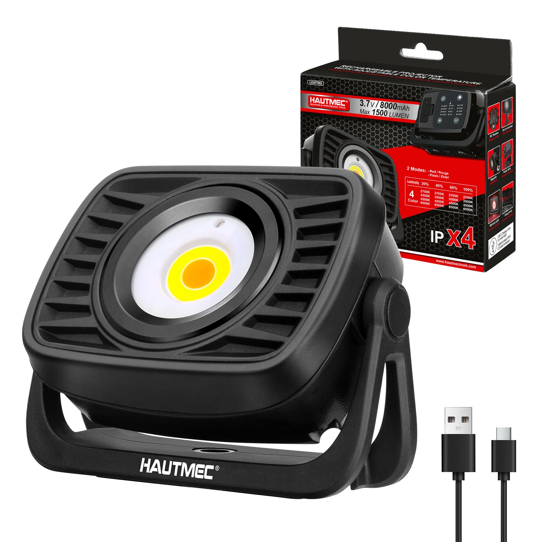 HAUTMEC 1500LM COB Rechargeable Work Light, 360° Rotatable Magnetic Work Light, 4 Brightness & 4 Color Temps, Red/Strobe, 8000mAh Power Bank, IPX4 for Car Repair, Camping, Emergency