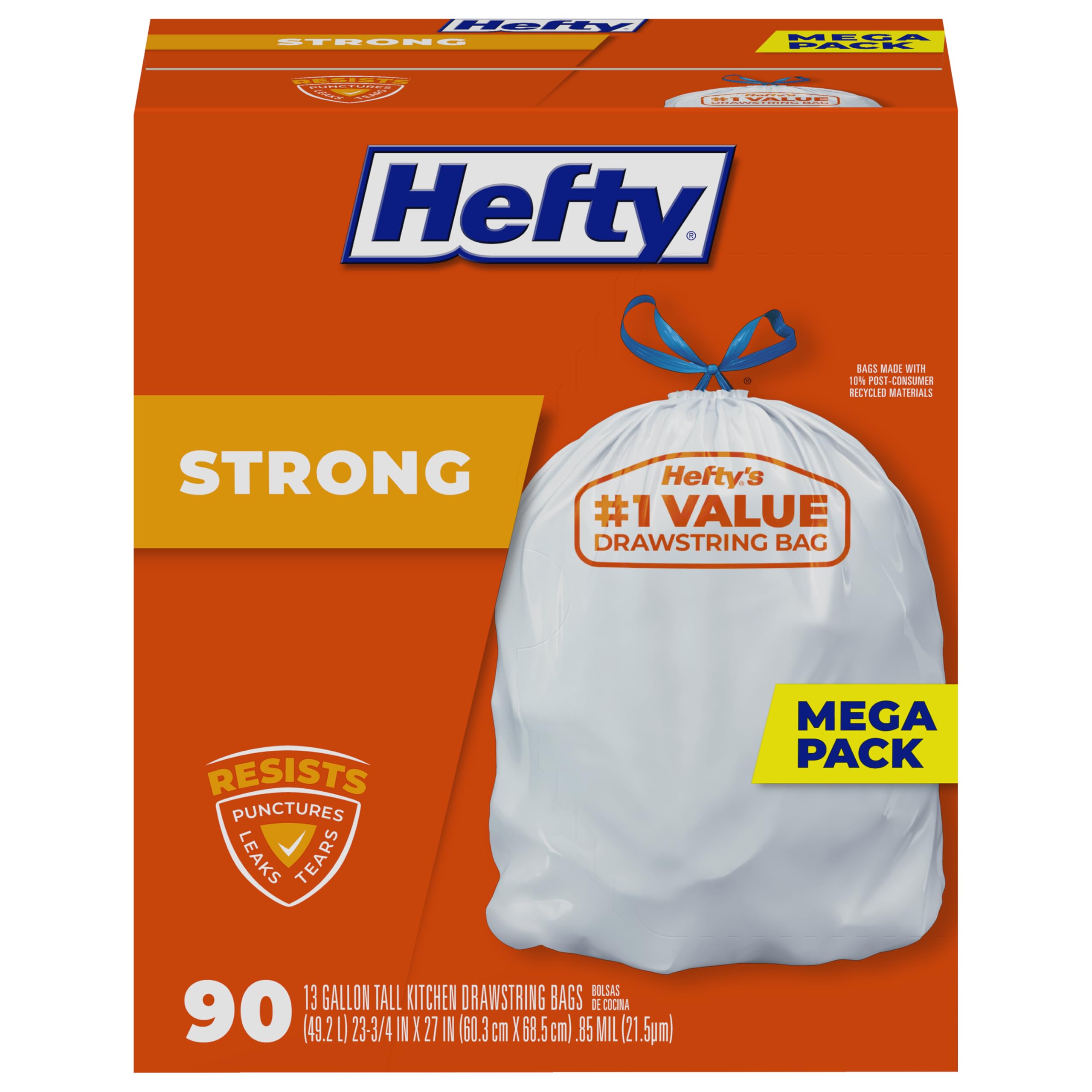 Hefty Strong 13 Gallon Trash Bags, Tall Kitchen Trash Bags, UnscentedLarge Trash Bags with Drawstrings, Durable Closure, Resists Leaks, Punctures, and Tears, White, Unscented, 90 Bags