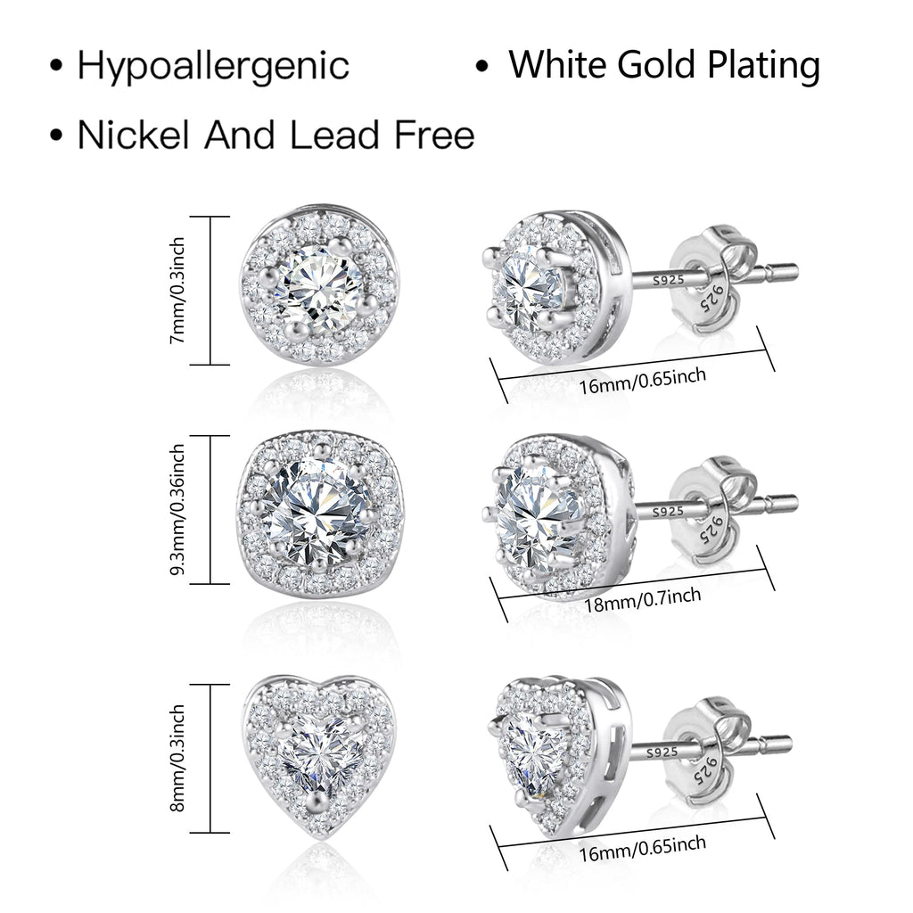 ALEXCRAFT Sterling Silver Halo Stud Earrings for Women Cubic Zirconia Round Heart Square Diamond Large Silver Studs Set Earring for Men 3 Pairs