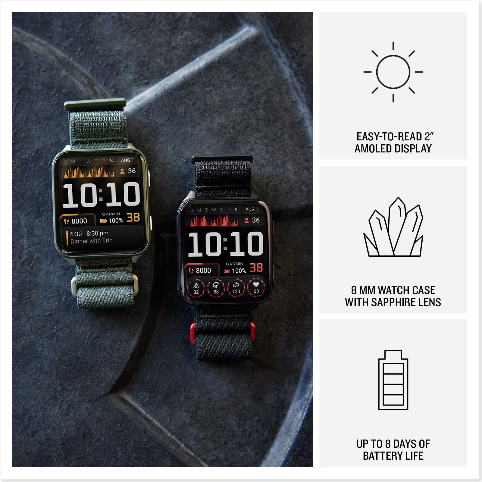 Garmin® Venu® X1, Thin and Lightweight GPS Smartwatch, AMOLED Display, Advanced Health and Fitness Features, Moss with Titanium Caseback and Moss ComfortFit Nylon Band